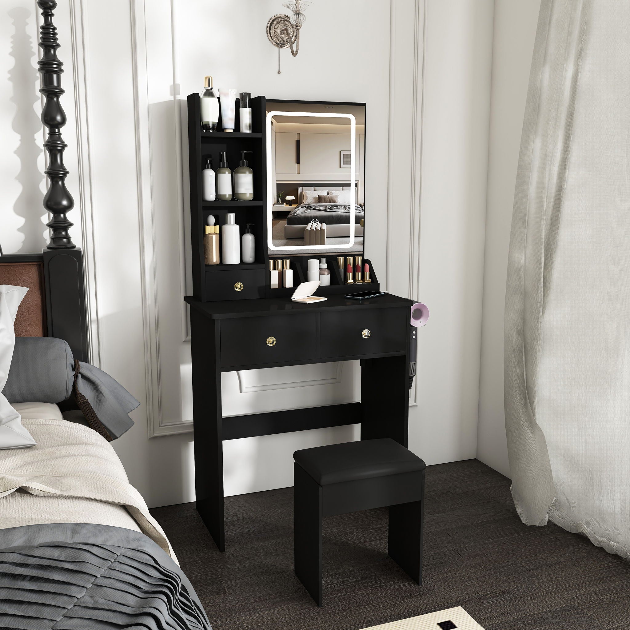 Modern Small Vanity Desk With 3 LED Lighting Modes, 3 Drawers