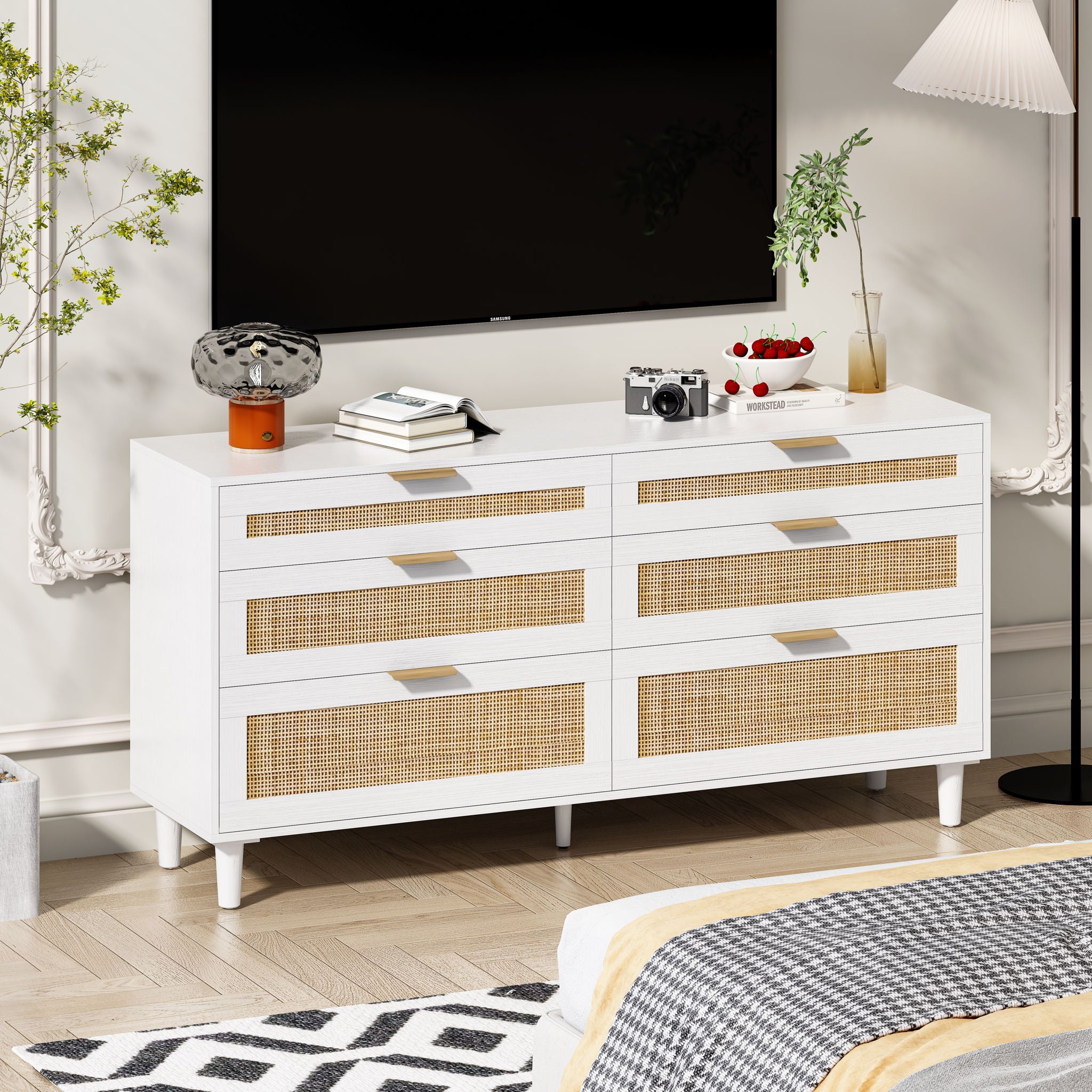 Rattan Dresser With 6 Drawers, Wooden Legs & Metal Handle