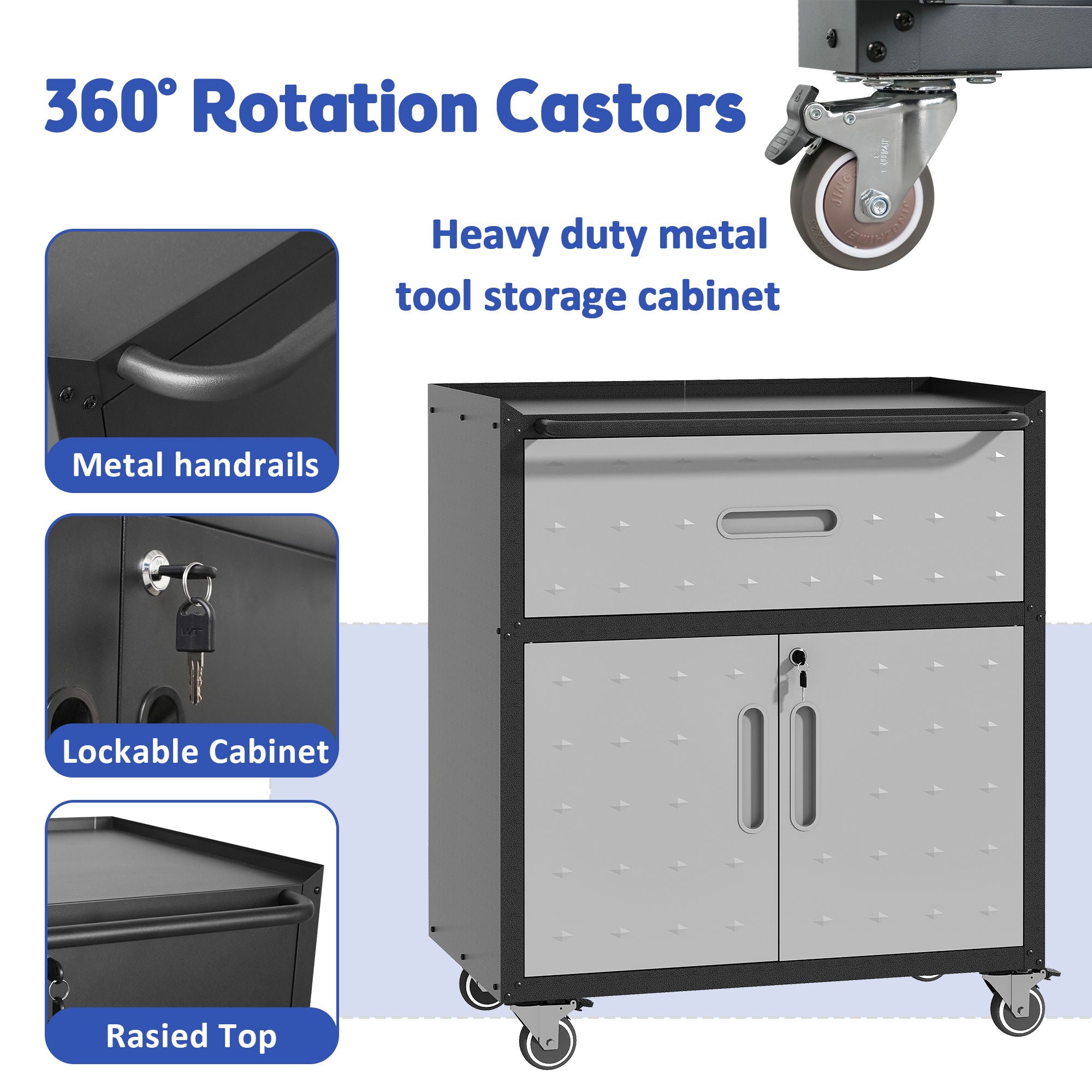 Sturdy And Durable Metal Tool Cabinet For Garage With Wheels Mobile Heavy Duty Storage Cabinet With 1 Drawer And 2 Locking Doors
