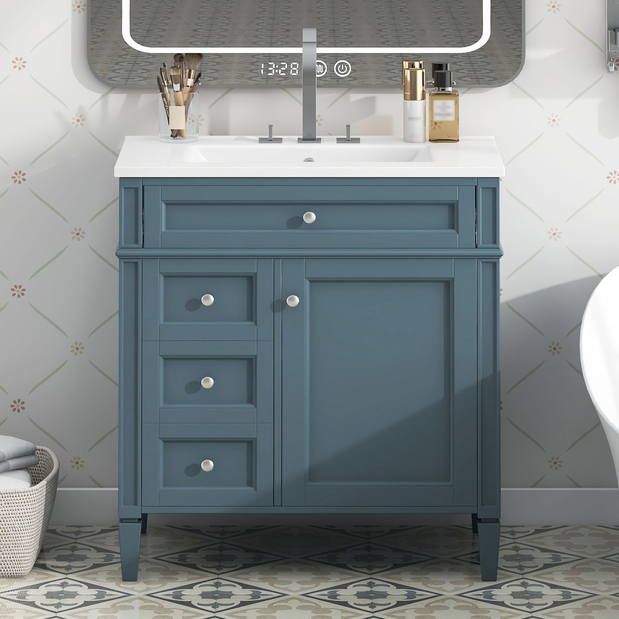Bathroom Vanity With Top Sink, Storage Cabinet With 2 Drawers And Tip Out Drawer, Rectangular Design - Indigo Blue