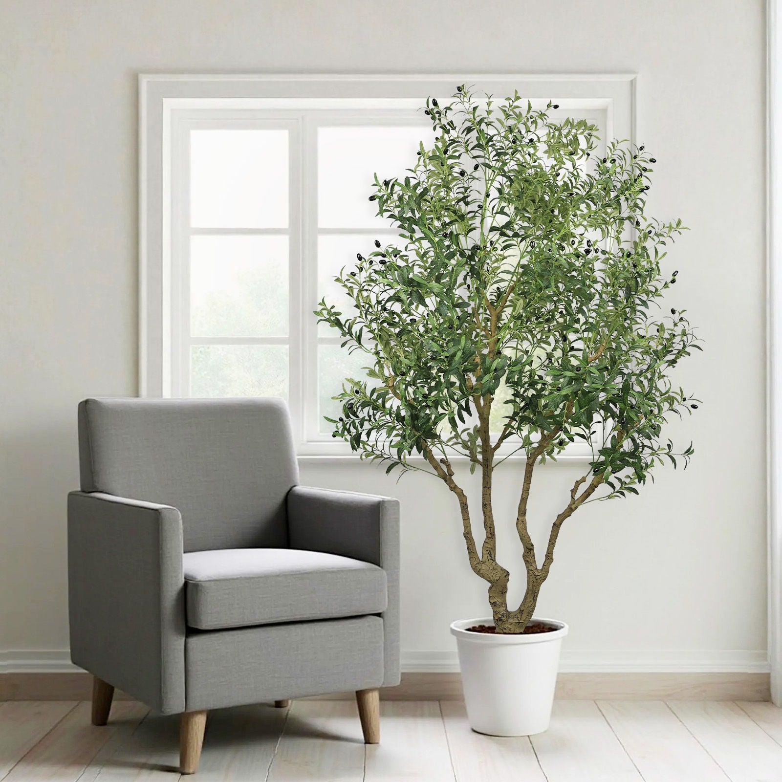 Tall Artificial Olive Tree Large Faux Potted Tree With Natural Trunk And Lifelike Olive Leaves And Fruit - Green