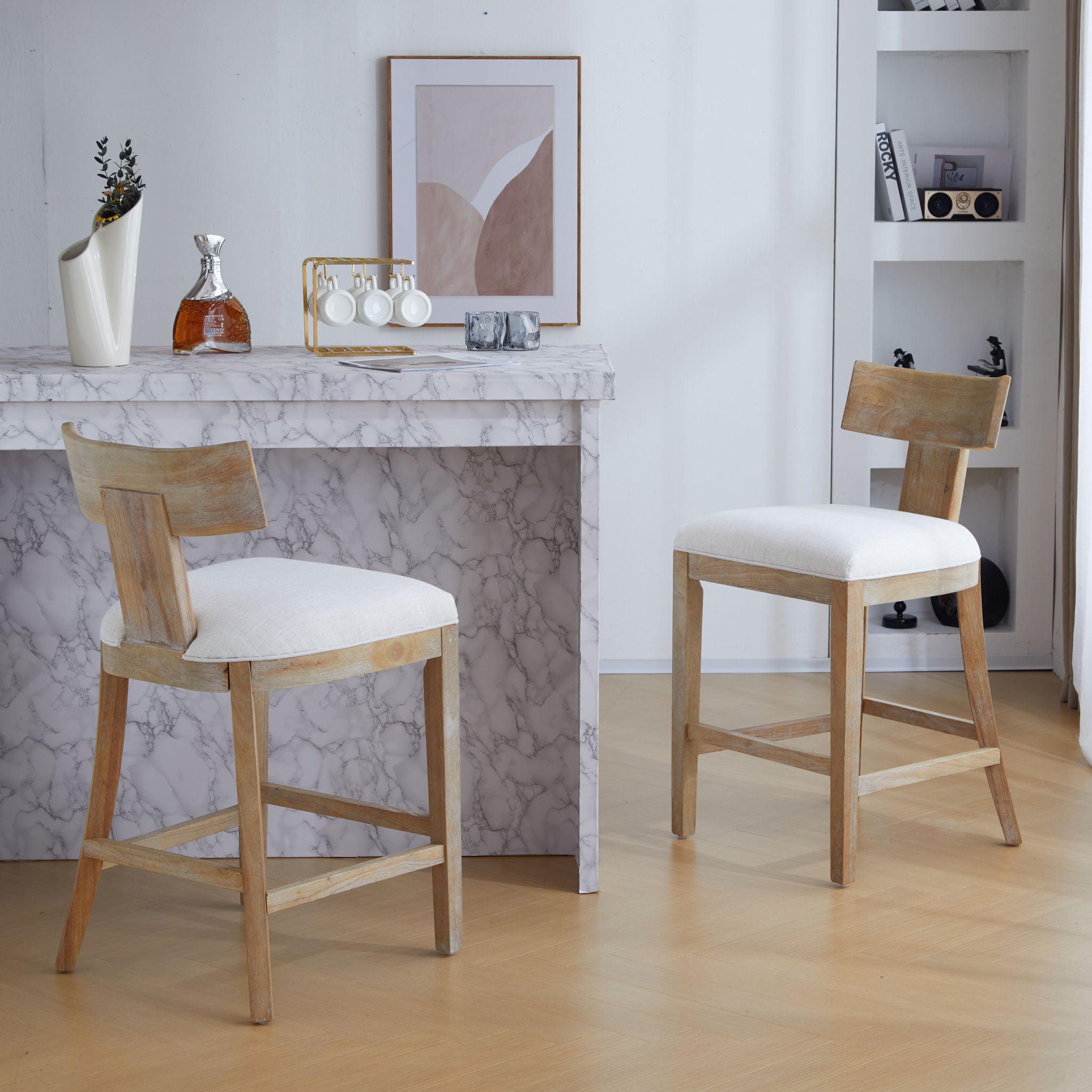 Upholstered Counter Height Bar Stools With Solid Rubber Wood Frame (Set of 2)