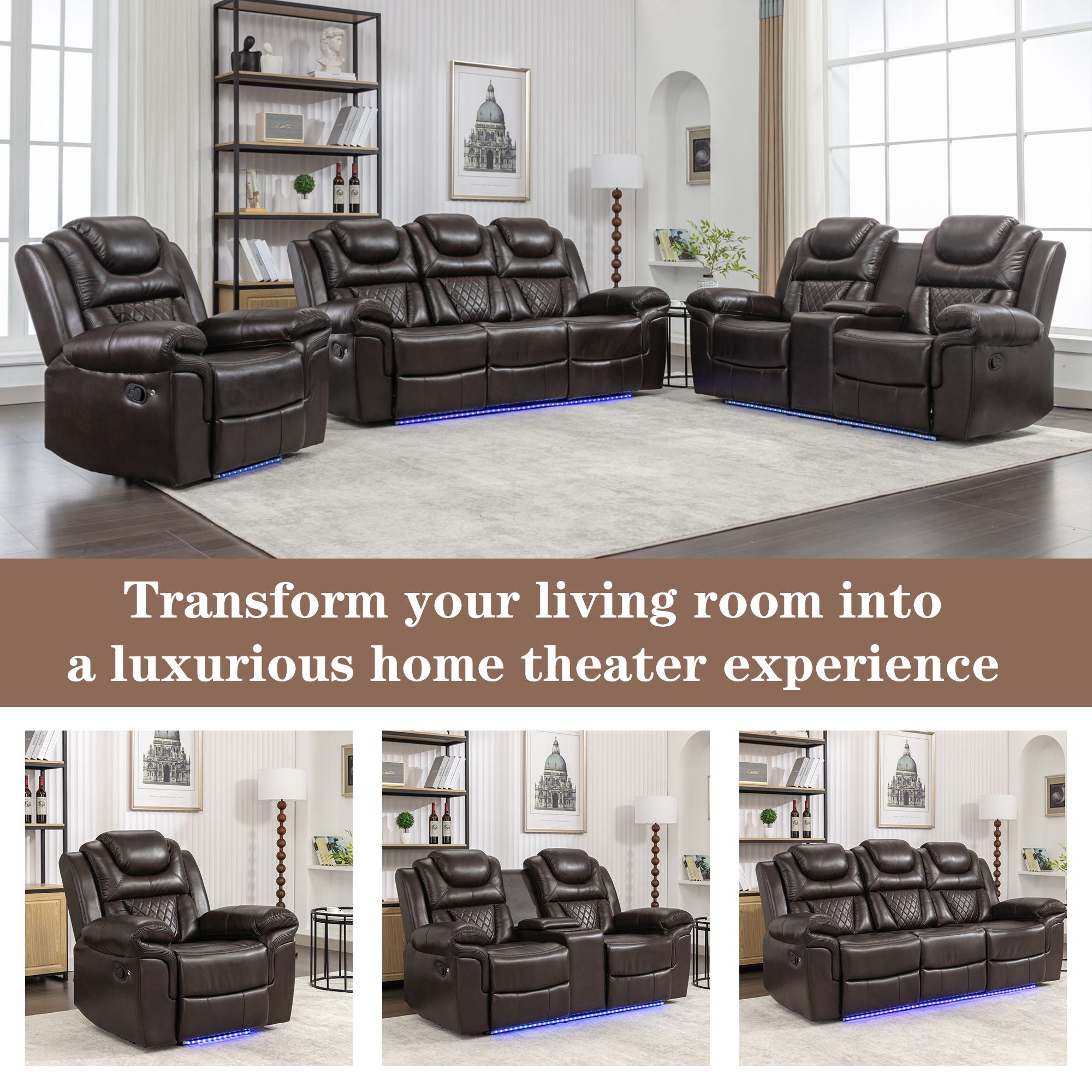 3 Pieces Recliner Sofa Sets Home Theater Seating Manual Recliner Chair & Center Console And LED Light Strip For Living Room - Brown
