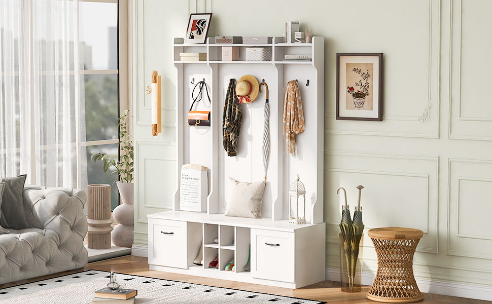 5 In 1 Entryway Bench With Coat Rack, 7 Sturdy Hooks, 2 Spacious Drawers And Adjustable Shelves