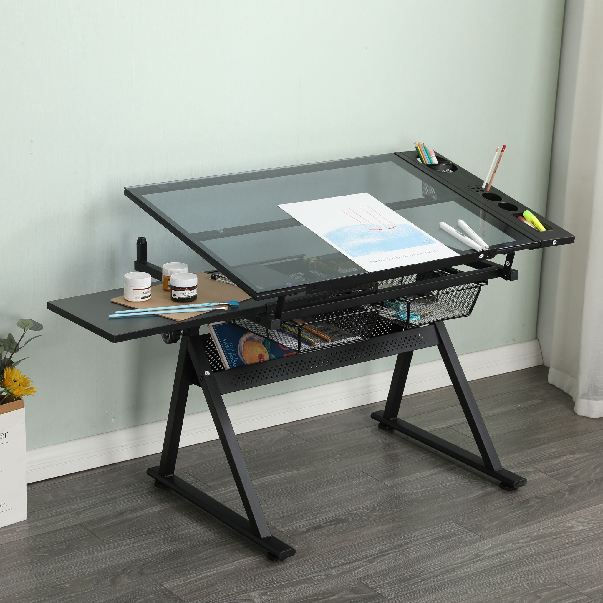 Adjustable Tempered Glass Drafting Printing Table With Chair