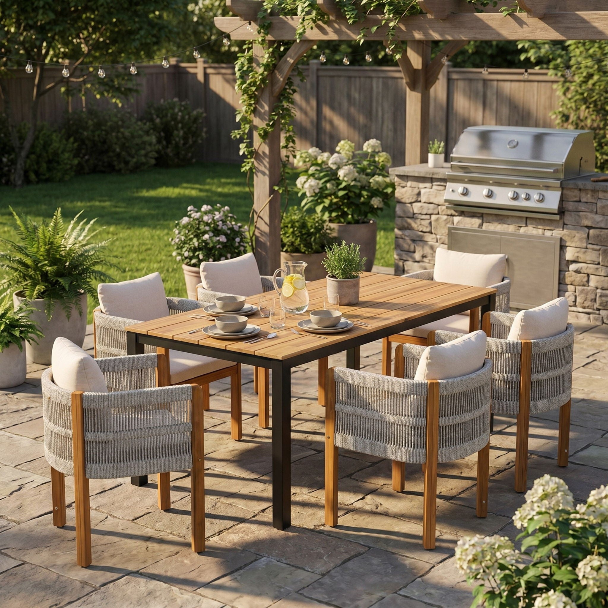 Outdoor Dining Set & Table And Rope Chairs