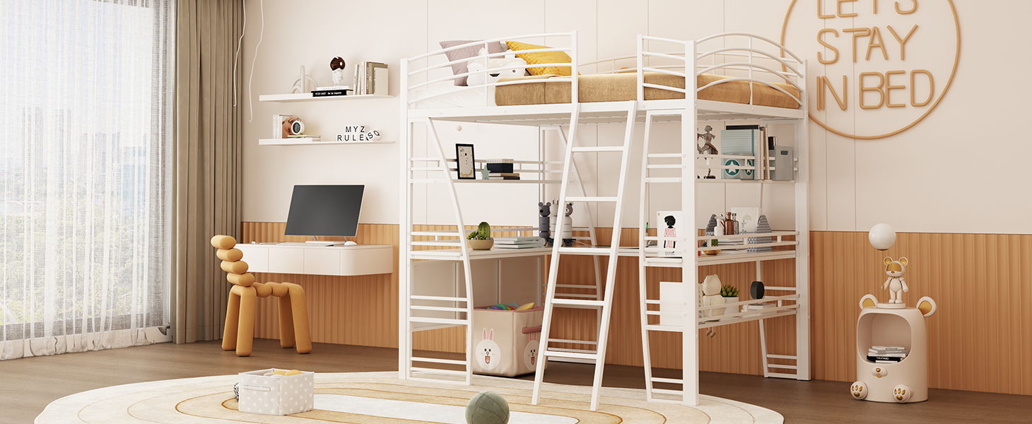 Loft Bed With 4 Layers Of Shelves And L-Shaped Desk, Stylish Metal Frame Bed With A Set Of Sockets, USB Ports And And Wireless Charging