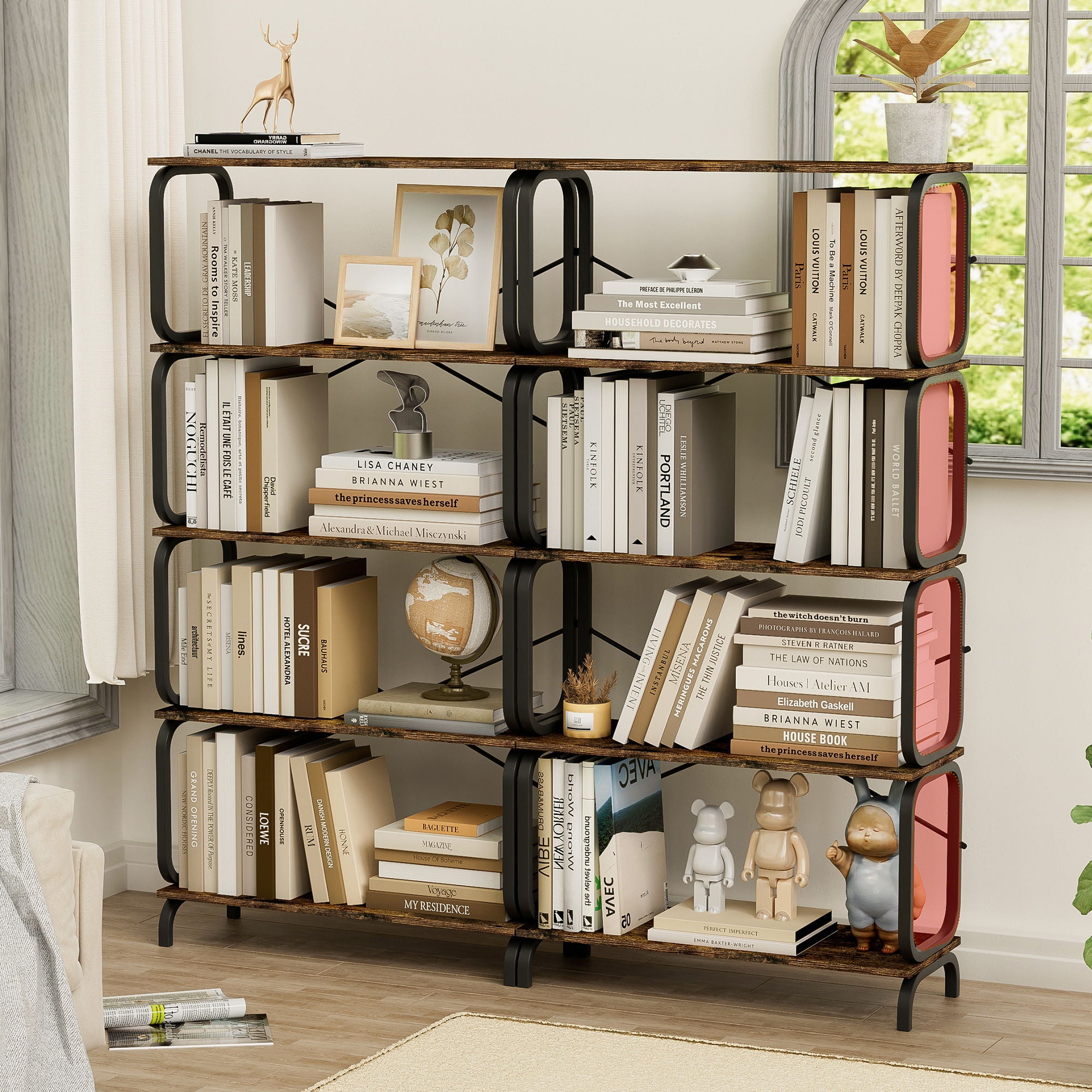 5 Tier Industrial Bookshelf, Tall Bookcase With Open Design, Vintage Storage Organizer