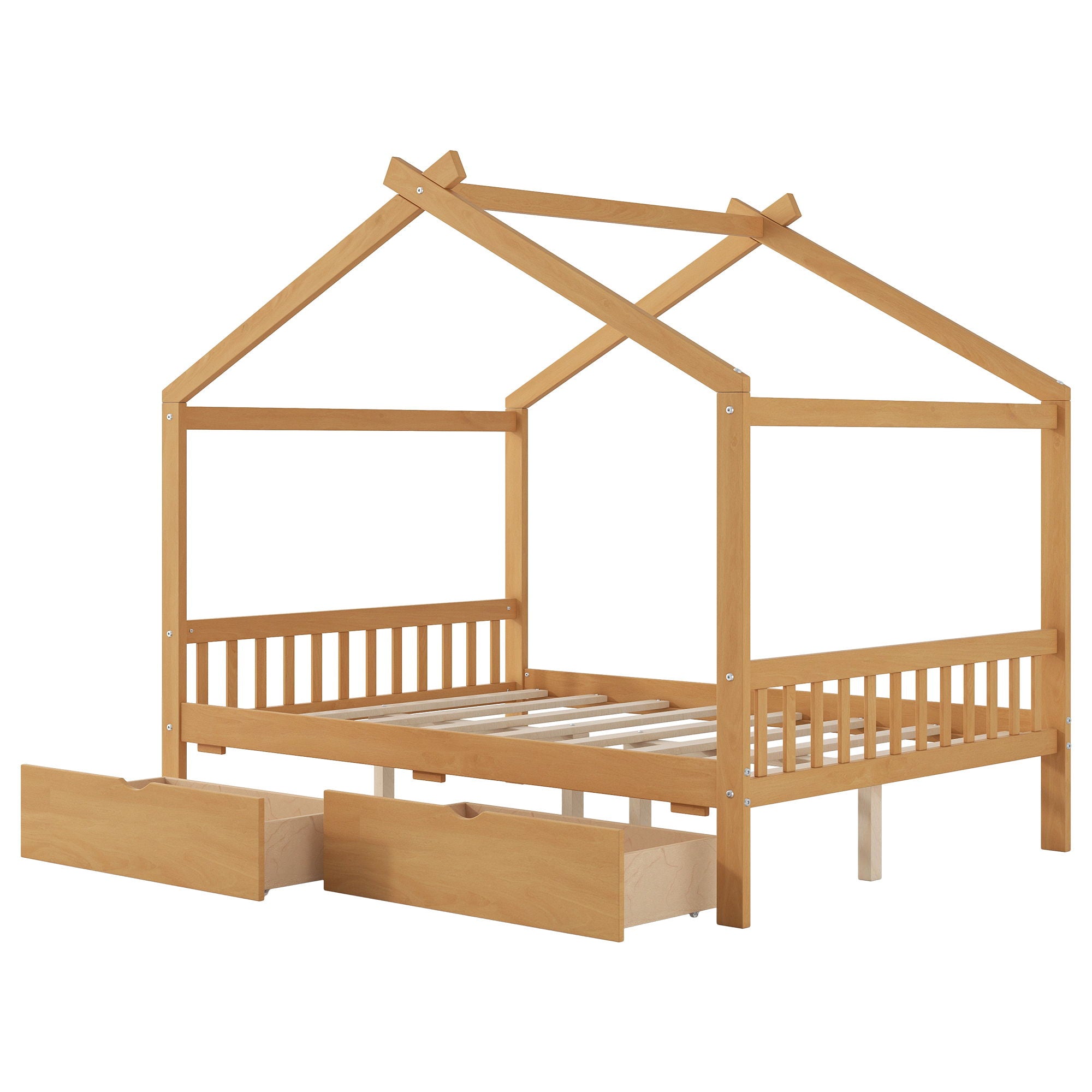 House Style Platform Bed With Headboard, Footboard, 2 Drawers, And Roof Design