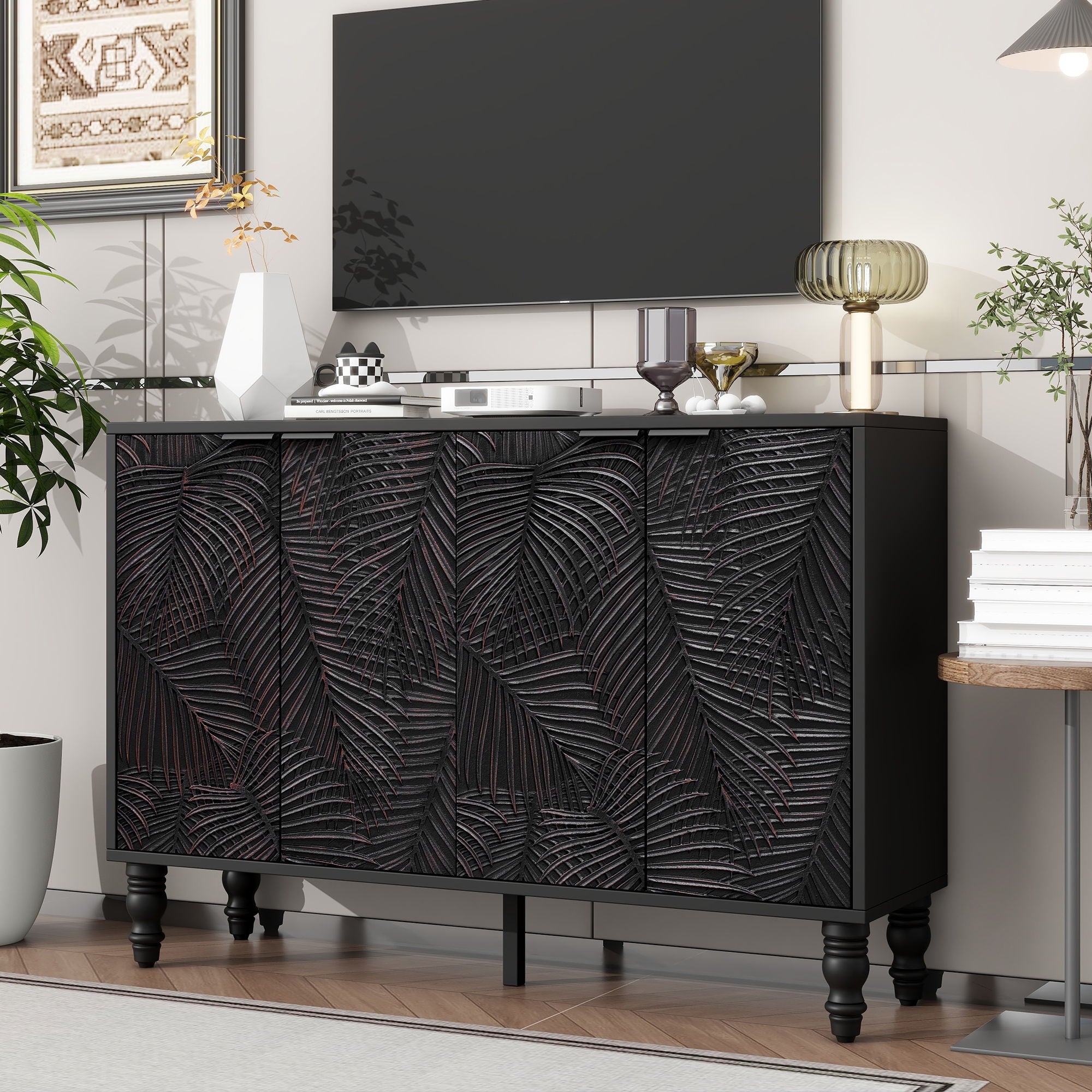 Modern TV Stand With 2 Spacious Storage Space And Anti-Tip Device