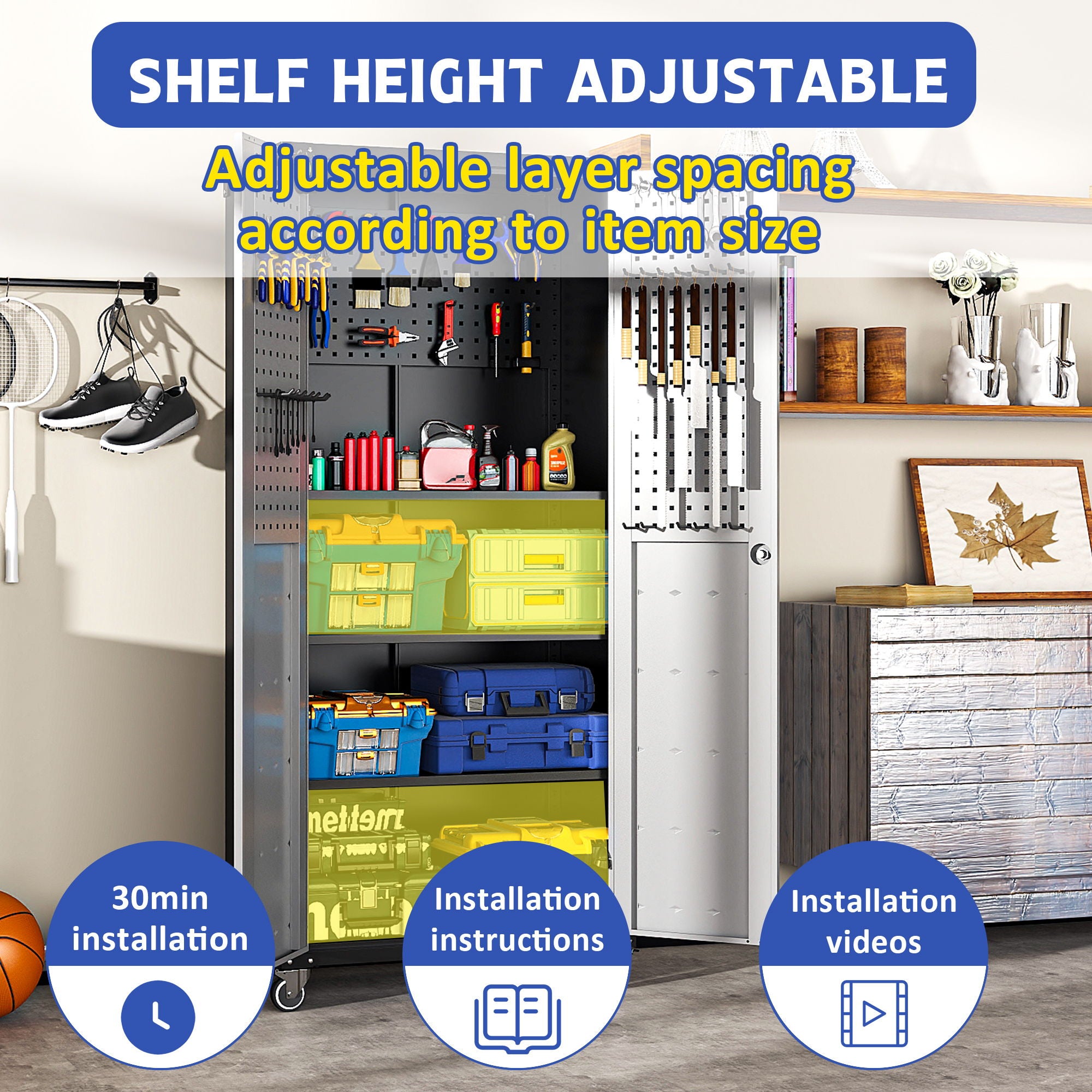 Metal Garage Storage Cabinet With Wheels Heavy Duty Tool Storage Cabinet - Brushed Nickel