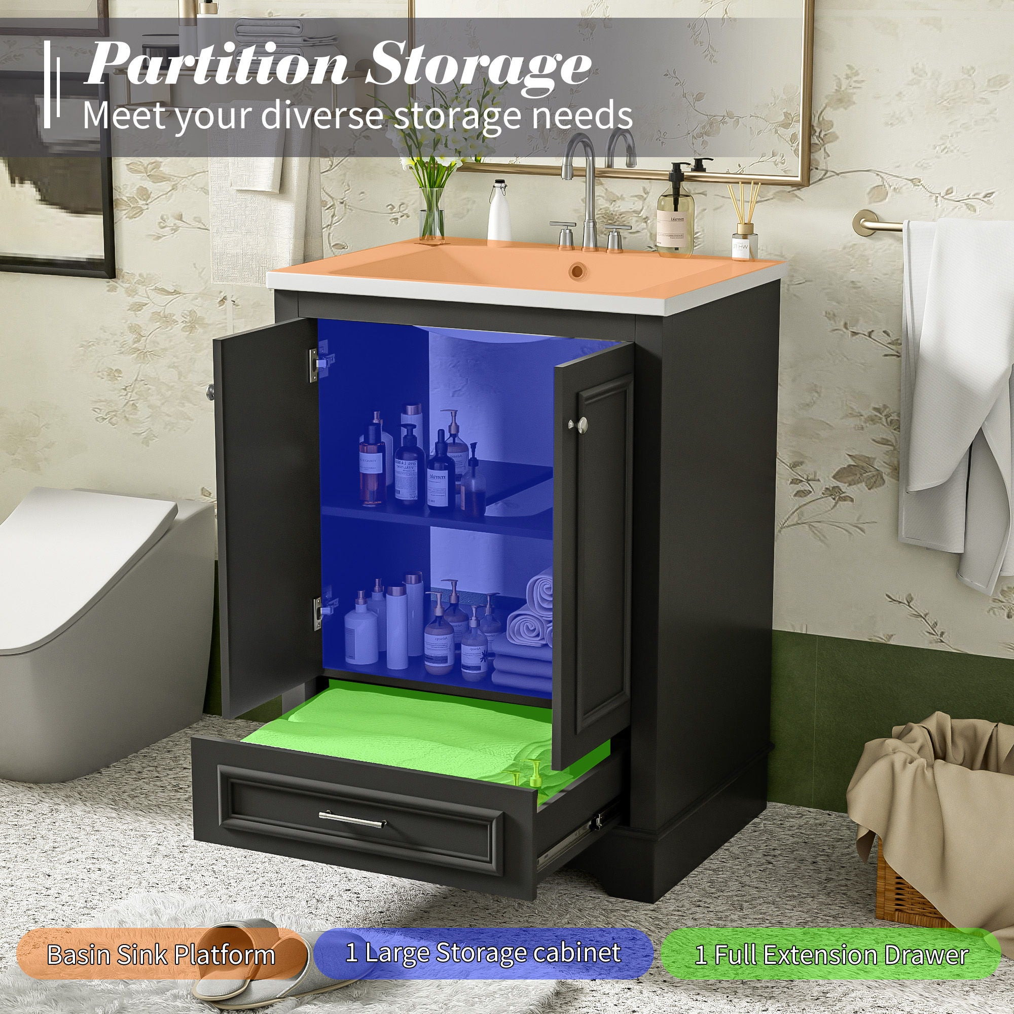 Bathroom Vanity With Ceramic Sink Combo, Modern Freestanding Storage Cabinet With Silver Handles