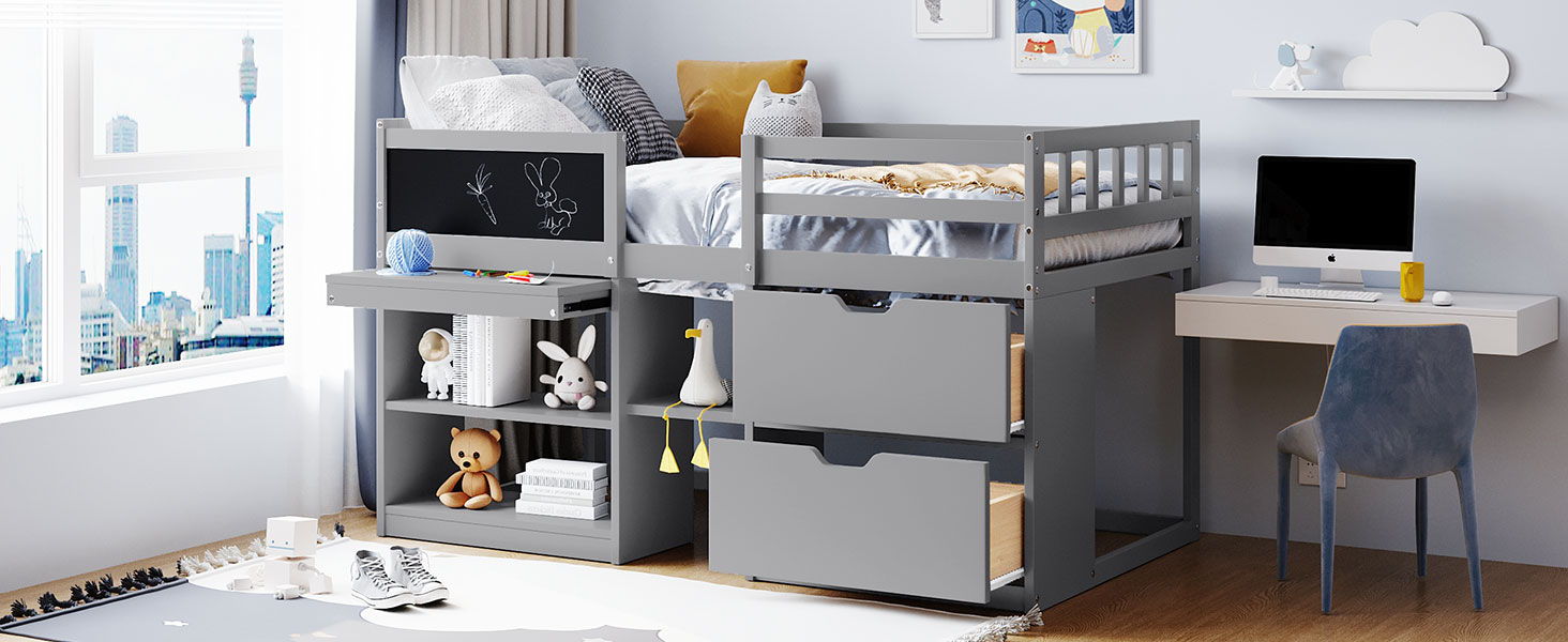 Low Loft Bed With Rolling Desk, Shelf And Drawers