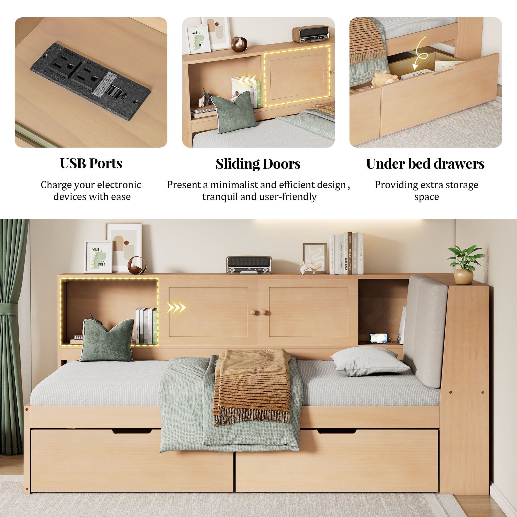 Twin L - Shaped Daybed With Storage Bookcase, Upholstered Headboard, USB Charging Ports & Hidden Drawers - Natural