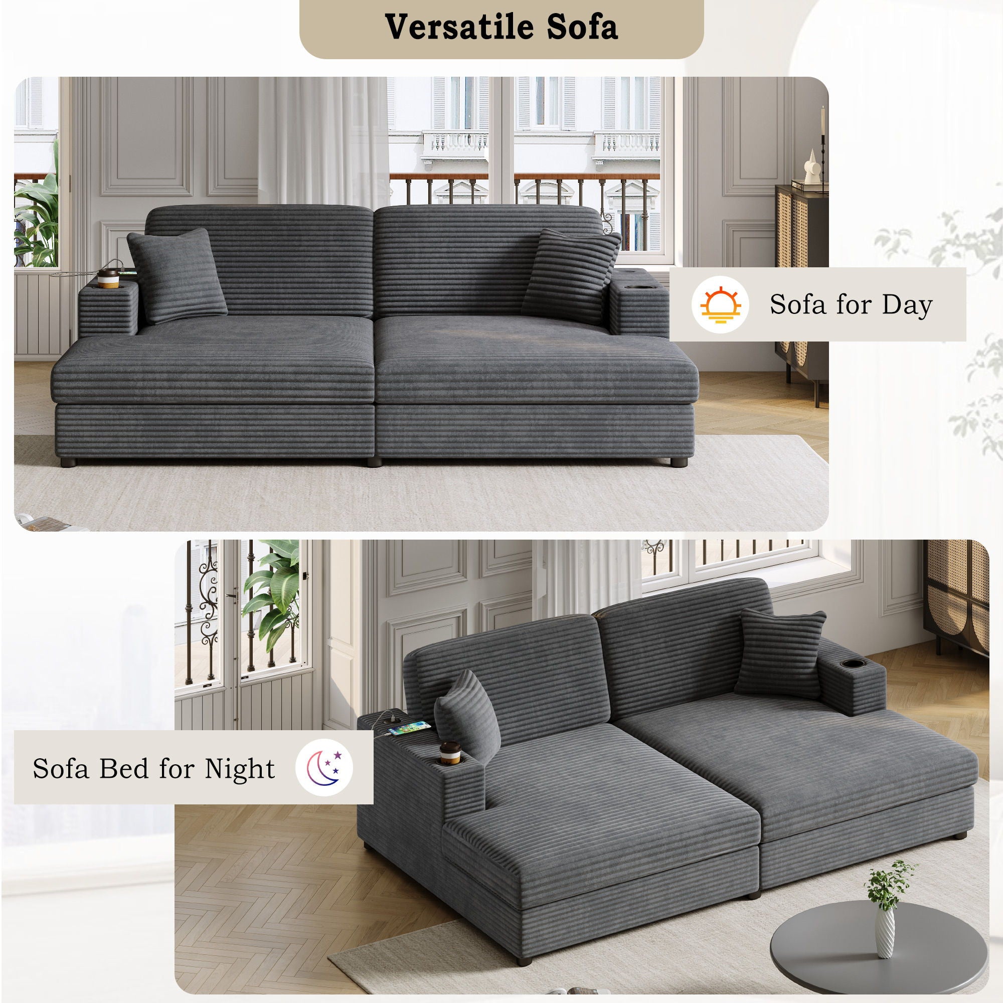 Oversized Loveseat Chaise With 2 USB Ports, 2 Cup Holders And 2 Throw Pillows