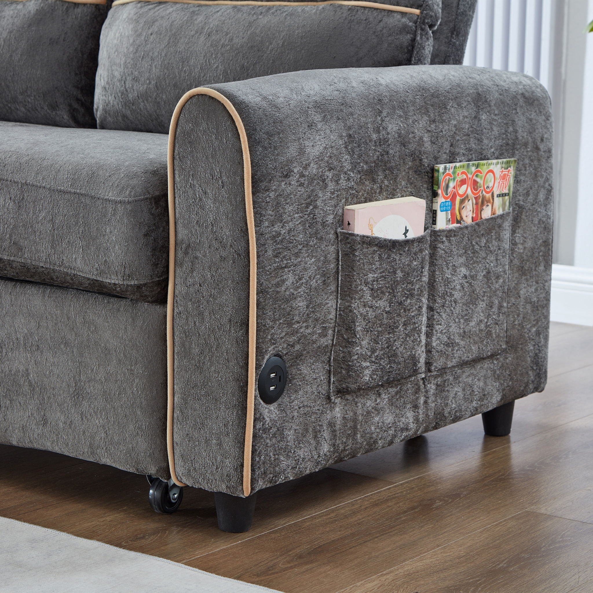 Pull Out Sofa Bed With Adjustable 3 Position Backrest, USB Charging Ports, Side Pockets