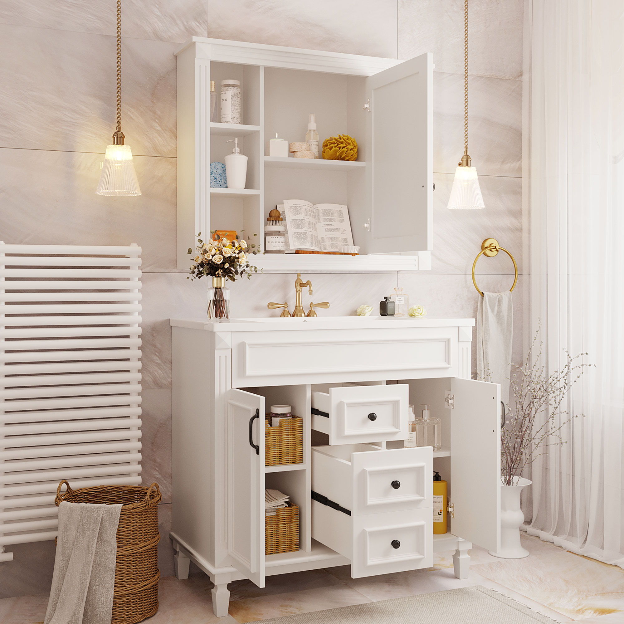 Bathroom Vanity With Top Sink, Mirror Cabinet, 2 Soft Closing Doors & 2 Drawers