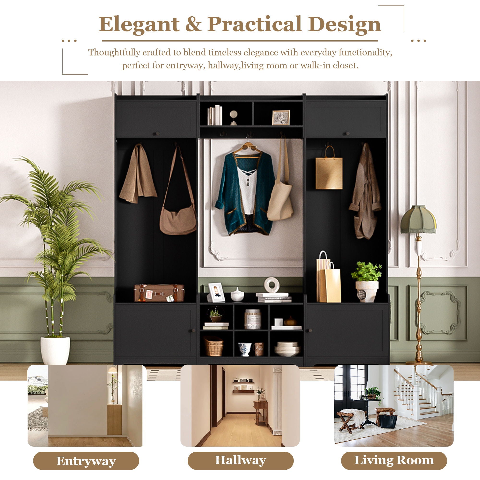 Wide Hall Tree With Shoe Storage, 4 In 1 Entryway Bench With 8 Cubbies, 7 Coat Hooks & Adjustable Shelf For Hallway - Black