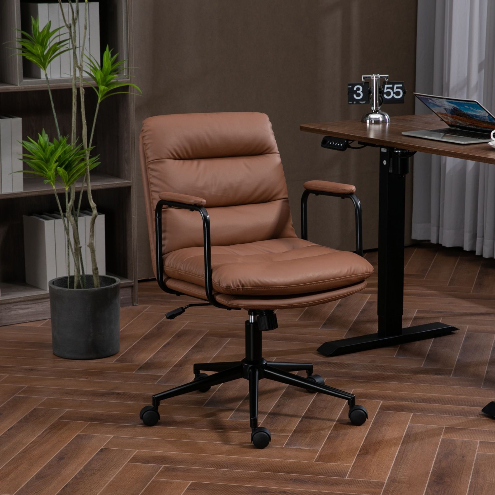 Office Chair, Mid Back Home Office Desk Task Chair With Wheels And Arms Ergonomic Computer Rolling Swivel Chair With Padded Armrest