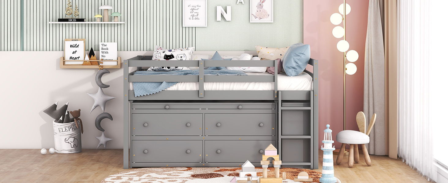 Loft Bed With Retractable Writing Desk And 4 Drawers, With Lateral Portable Desk And Shelves