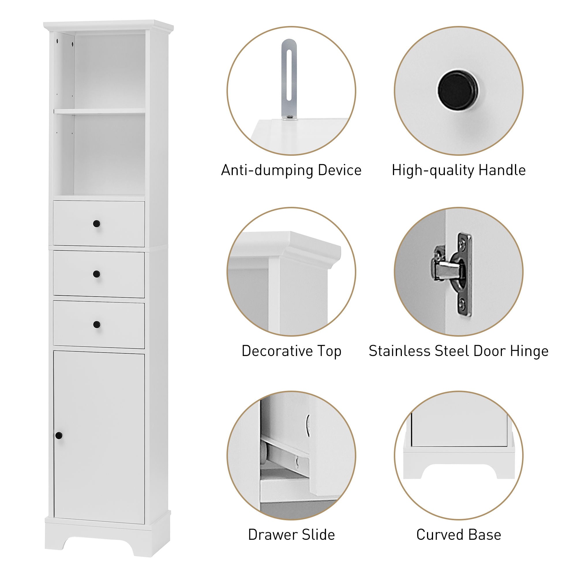 Tall Storage Cabinet With 3 Drawers And Adjustable Shelves For Bathroom