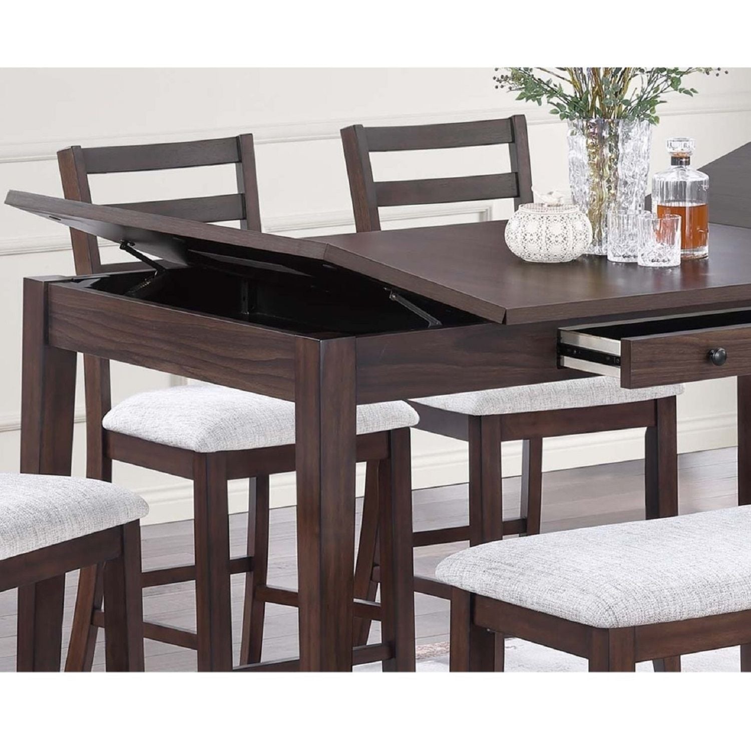 6 Piece Counter Height Dining Set Table With Storage Ladder Back Chairs And Bench - Walnut