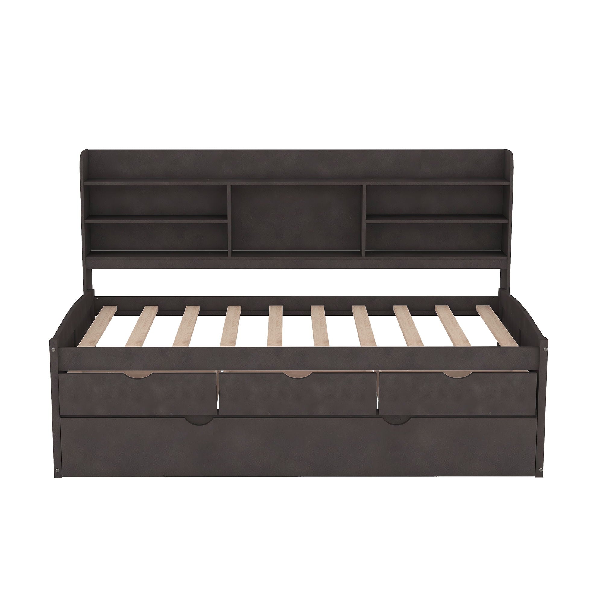 Captain Bed With Built In Bookshelves, 3 Storage Drawers, And Trundle