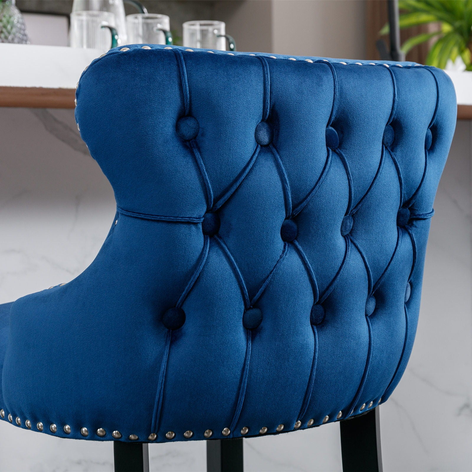 Contemporary Upholstered Wing-Back Barstools With Button Tufted Decoration And Wooden Legs, And Nailhead Trim, Leisure Style Bar Chairs, Bar Stools (Set of 2)