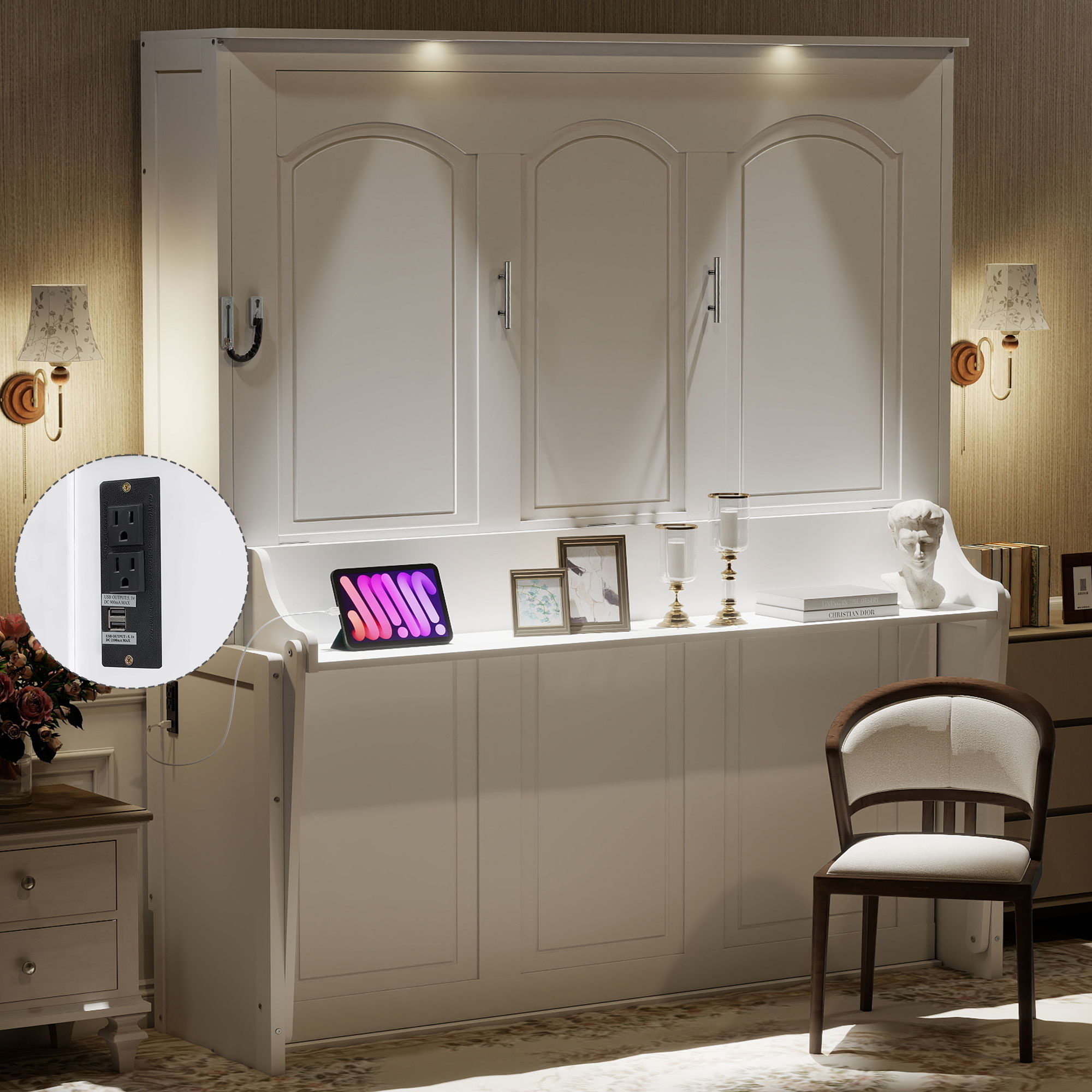 Murphy Bed With Desk, LED Lights And USB Charging Station