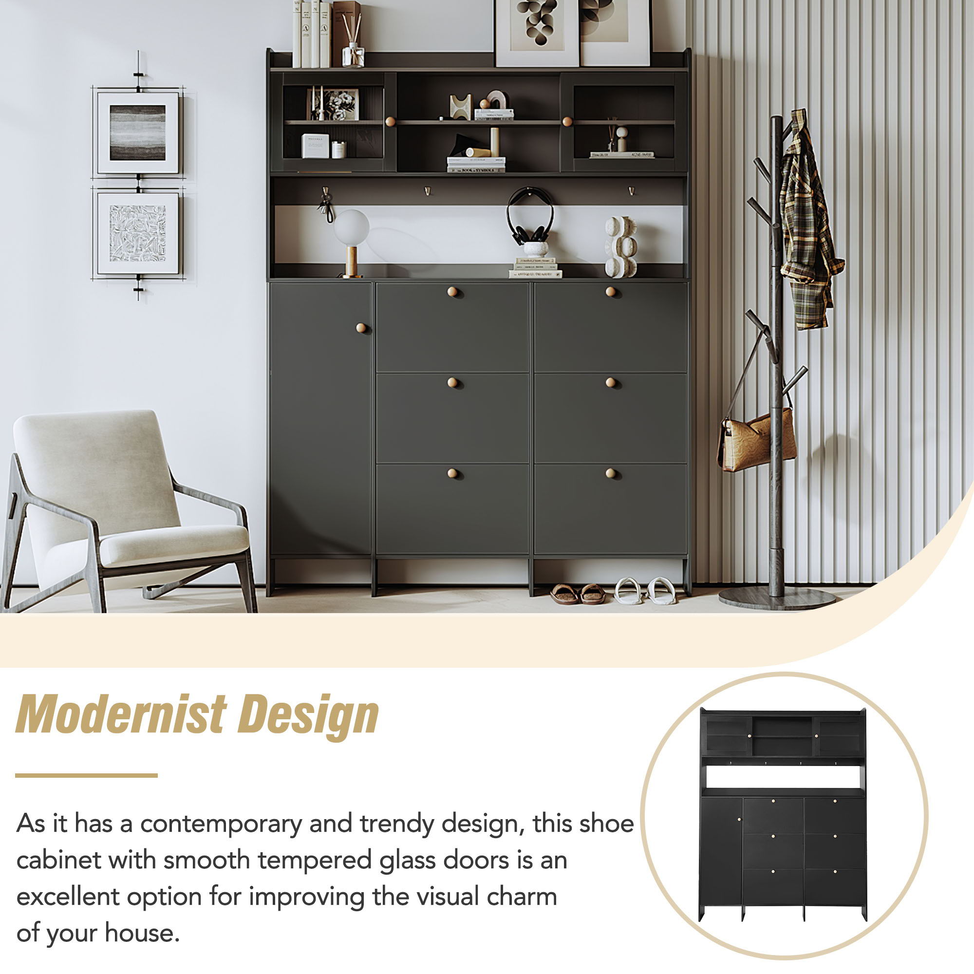 On Trend Multifunctional Tipping Bucket Shoe Cabinet With Storage Shelf & 6 Flip Drawers