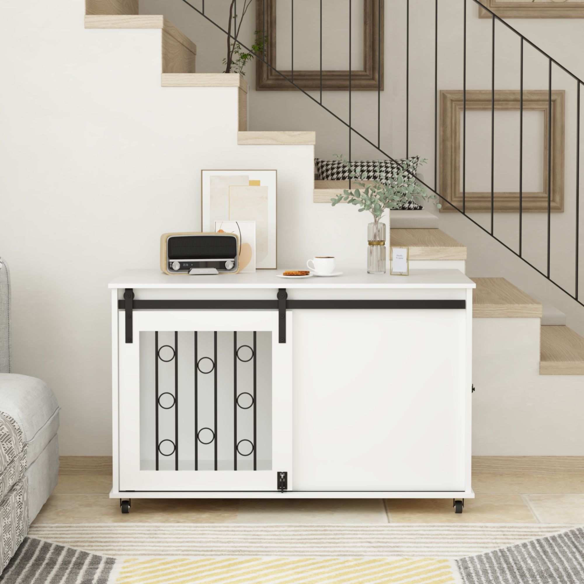Dog Crate With Sliding Barn Door And Side Access, Lockable Wheels For Small To Medium Dogs - White