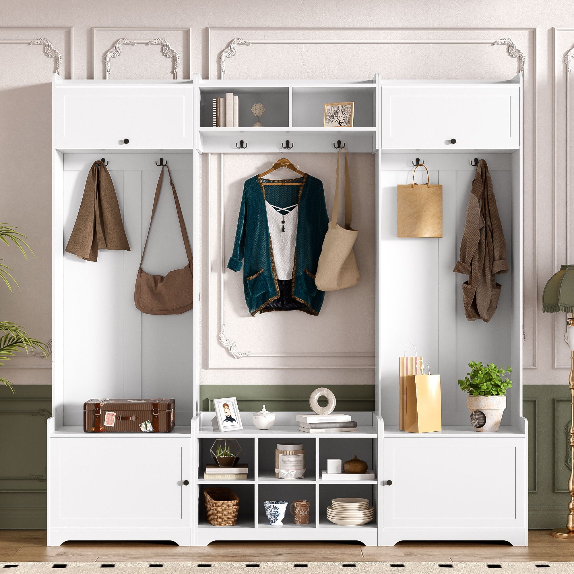 Wide Hall Tree With Shoe Storage, 4 In 1 Entryway Bench With 8 Cubbies, 7 Coat Hooks & Adjustable Shelf For Hallway - White