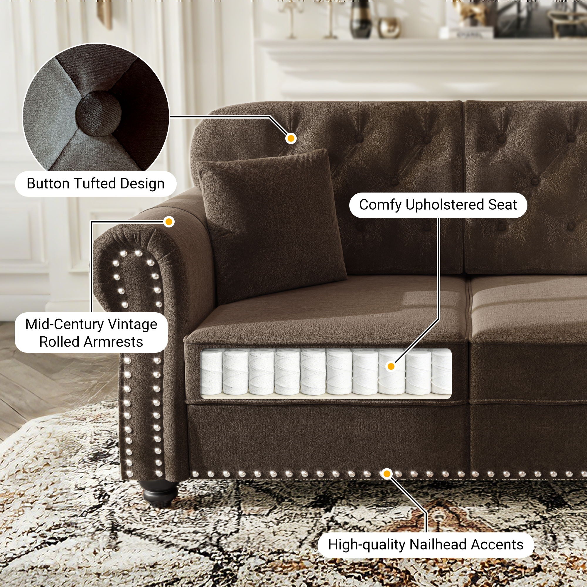Upholstered Sofa With Nailhead Trim And Rolled Armrests