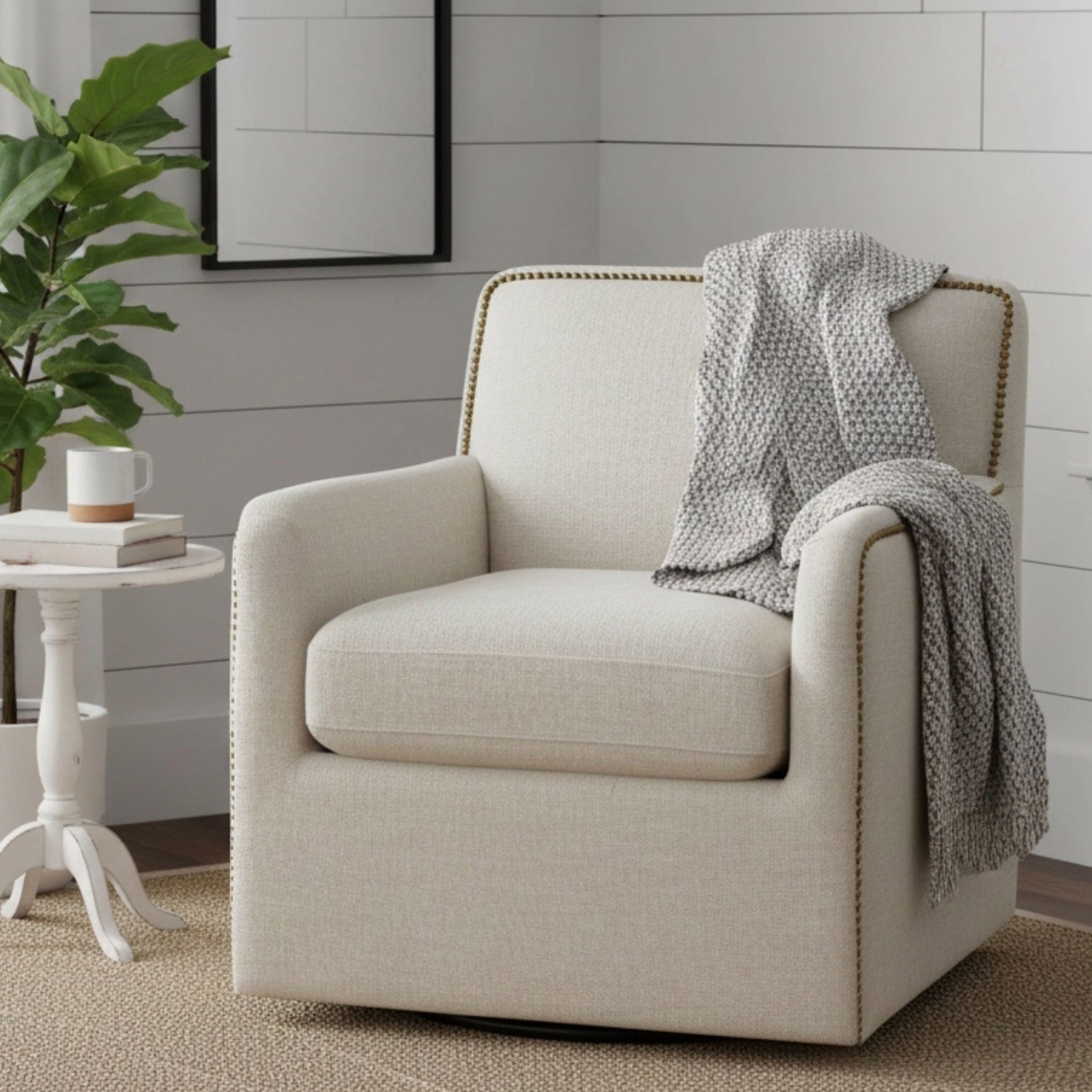 Tolland - Swivel Accent Chair With Antique Brass Nailhead Trim - Beige