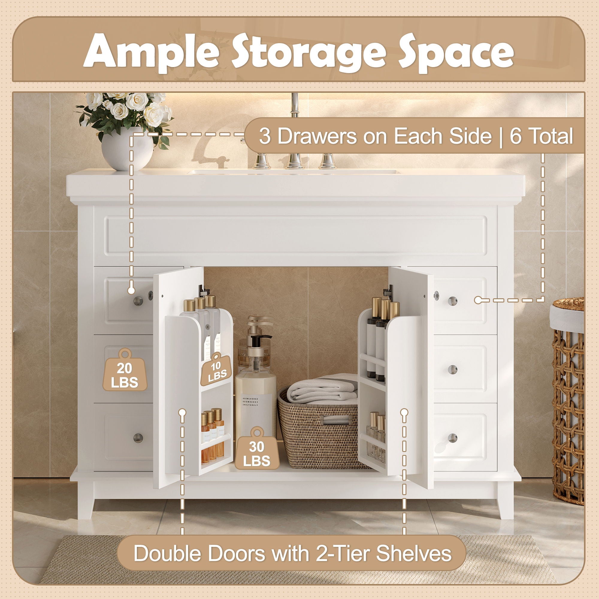 Bathroom Vanity & Sink, 6 Soft Close Drawers & Double Doors - White
