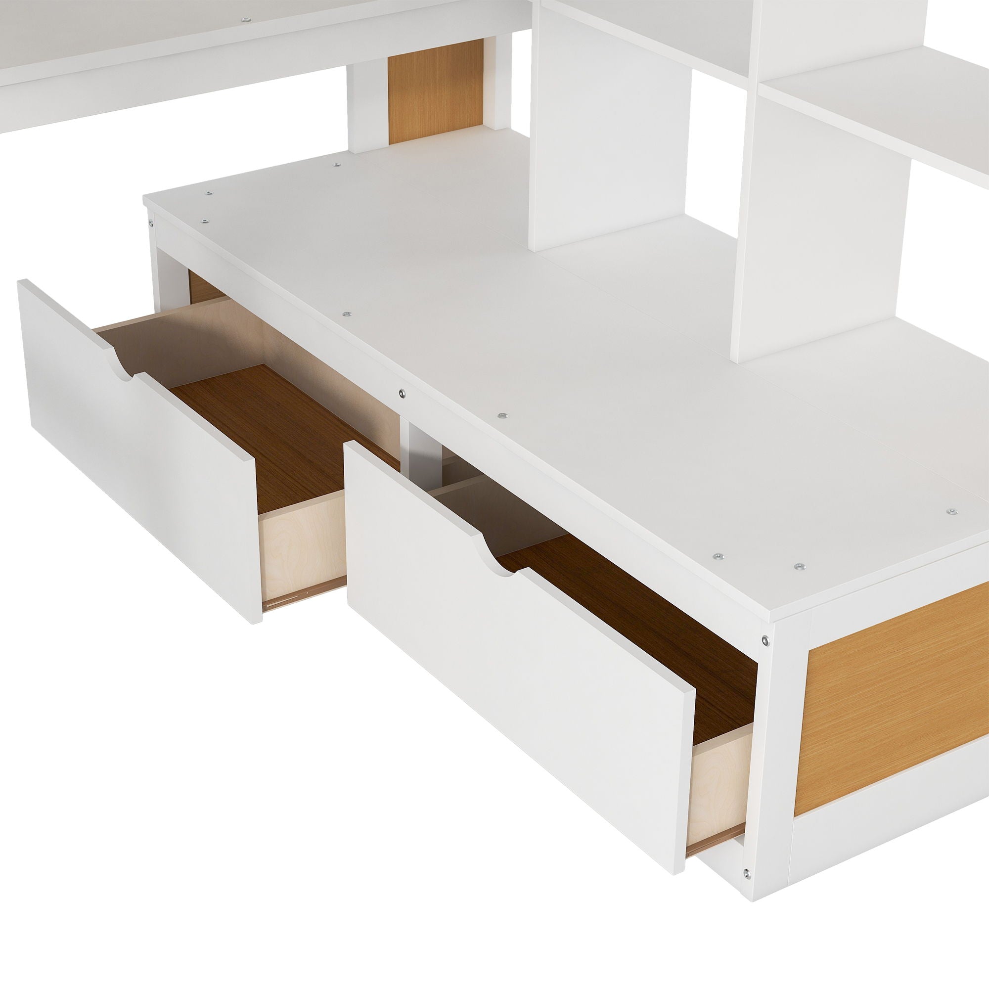 Full Size Loft Bed With Desk And Shelves, 2 Built In Drawers, Storage Staircase - Natural / White