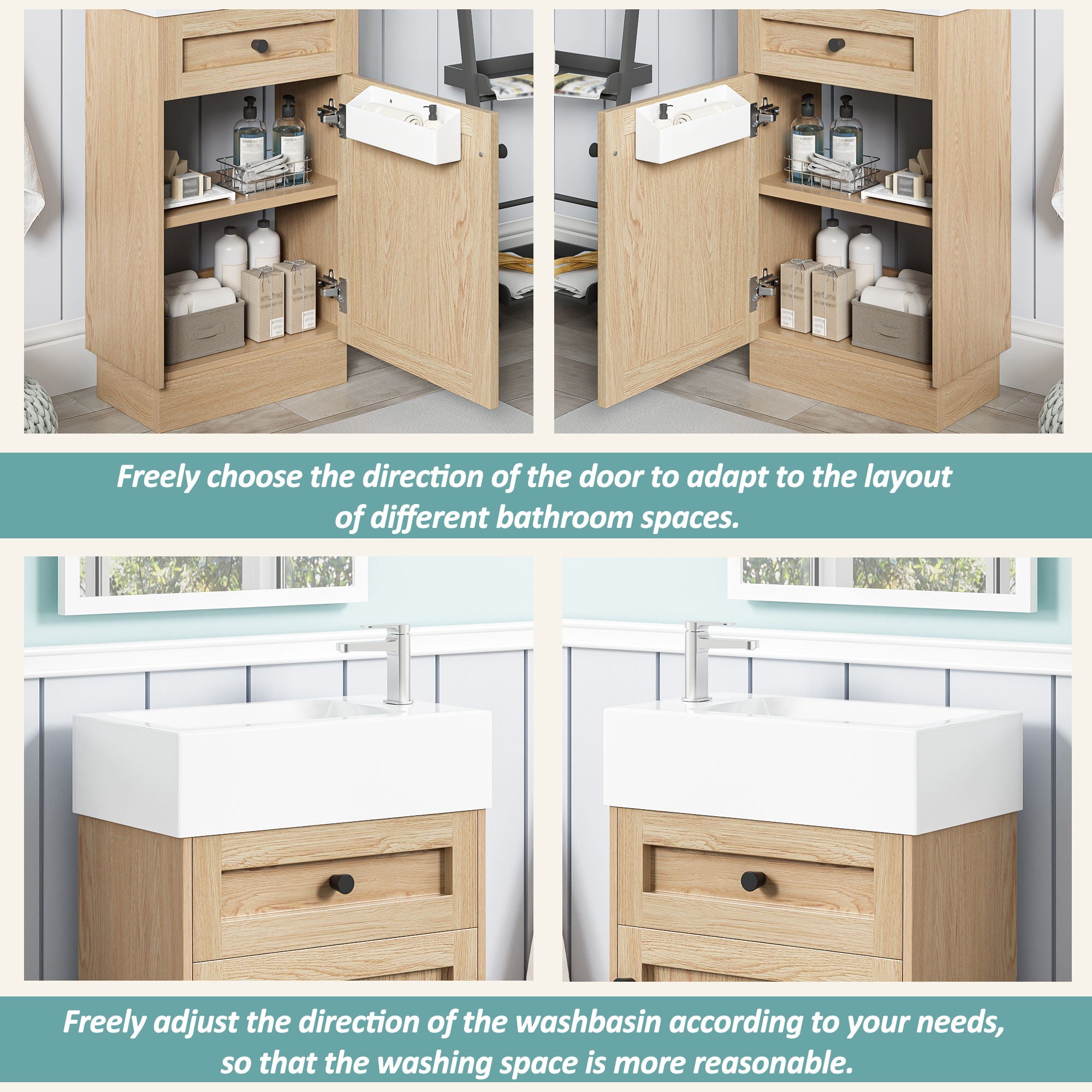 Bathroom Vanity With Reversible Resin Sink, Cabinet & Zinc Alloy Handles - Wood