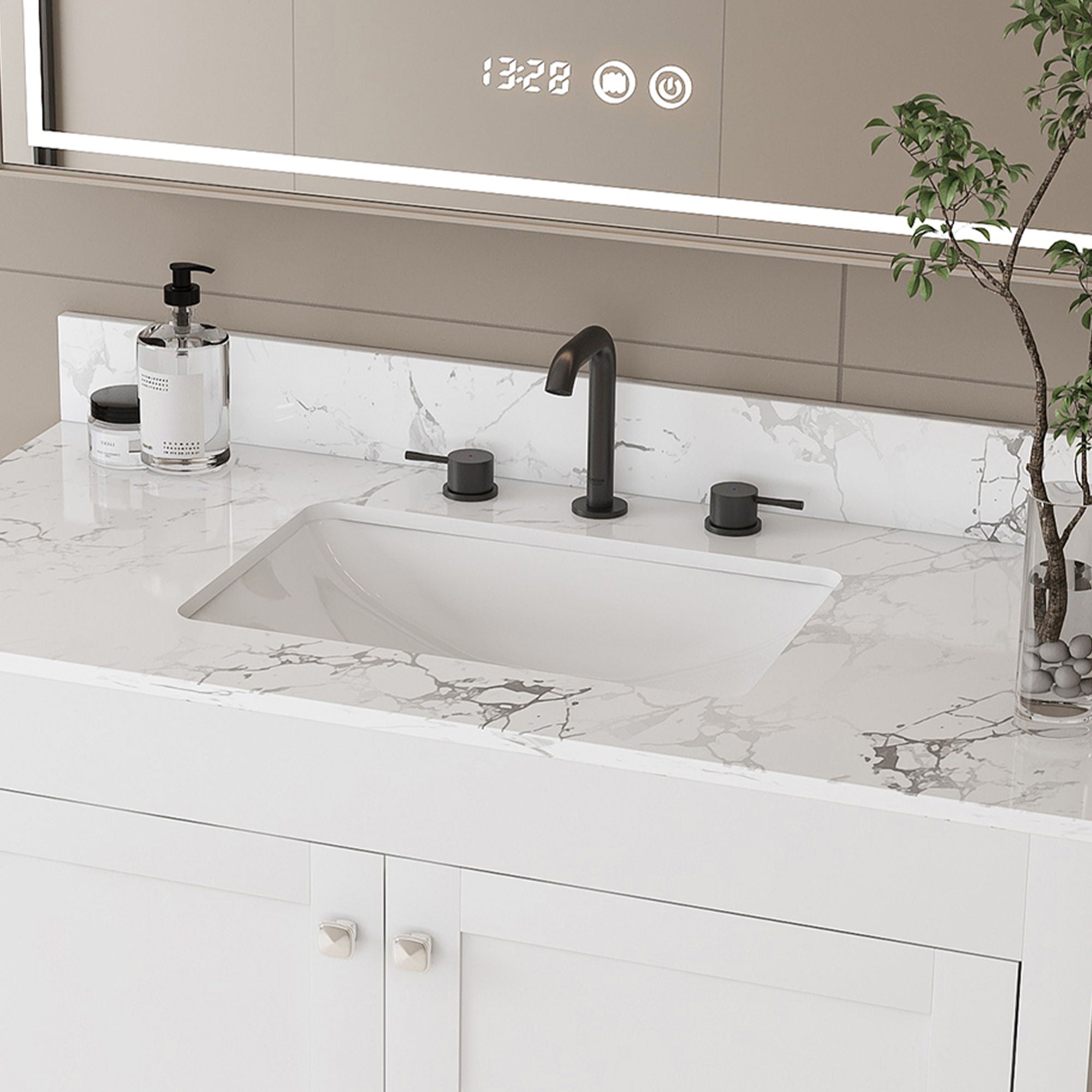 43" Bathroom Vanity With Artificial Marble Carrara Top Set, Multi Functional Bathroom Cabinet With Doors And Drawer - White