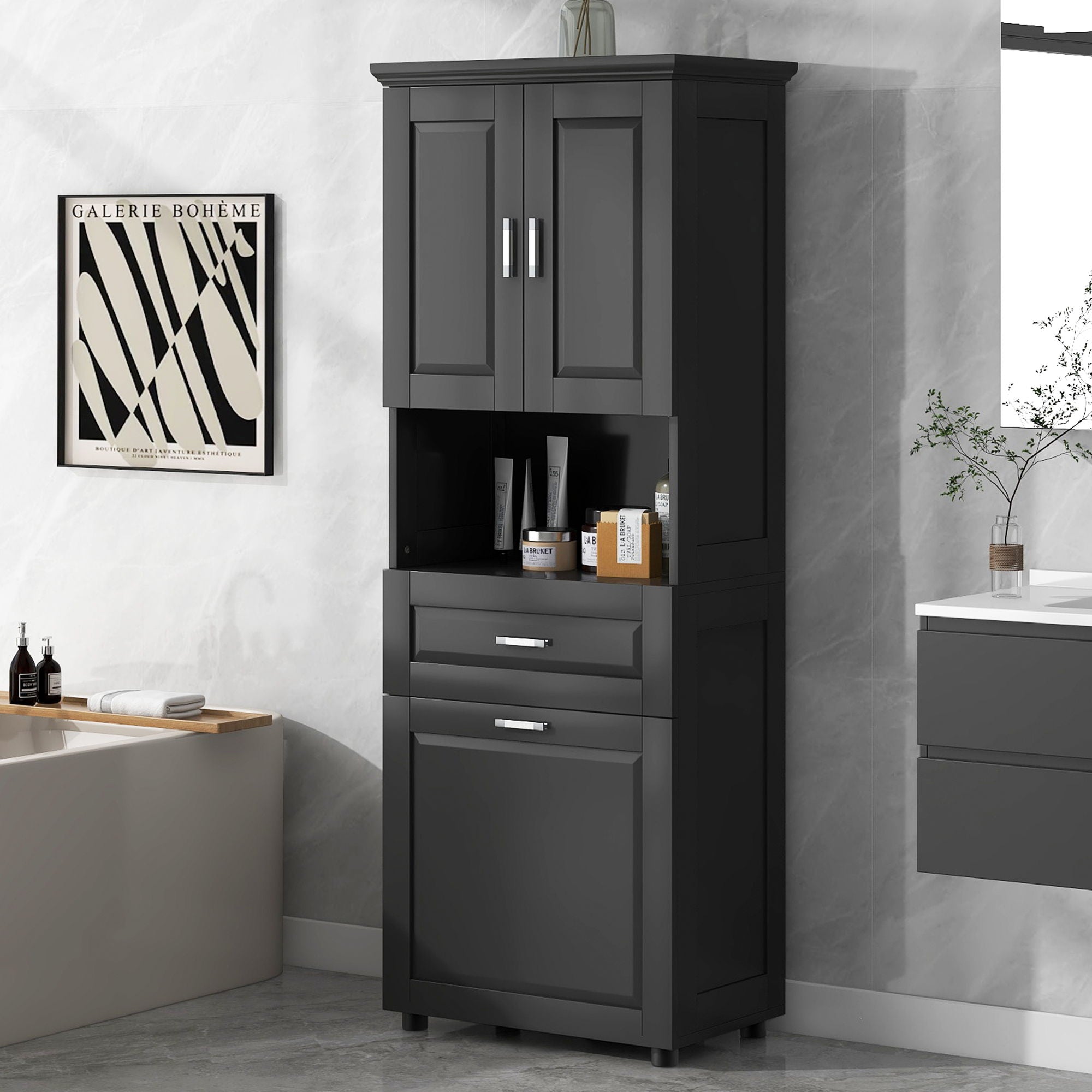 Tall Bathroom Cabinet With Tilt-Out Laundry Basket And Upper Storage