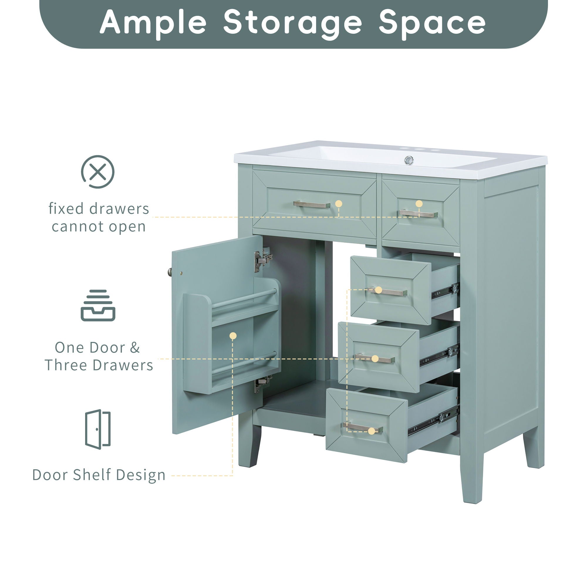 30" Bathroom Vanity Without Sink, Cabinet Base Only, Bathroom Cabinet With Drawers - Green