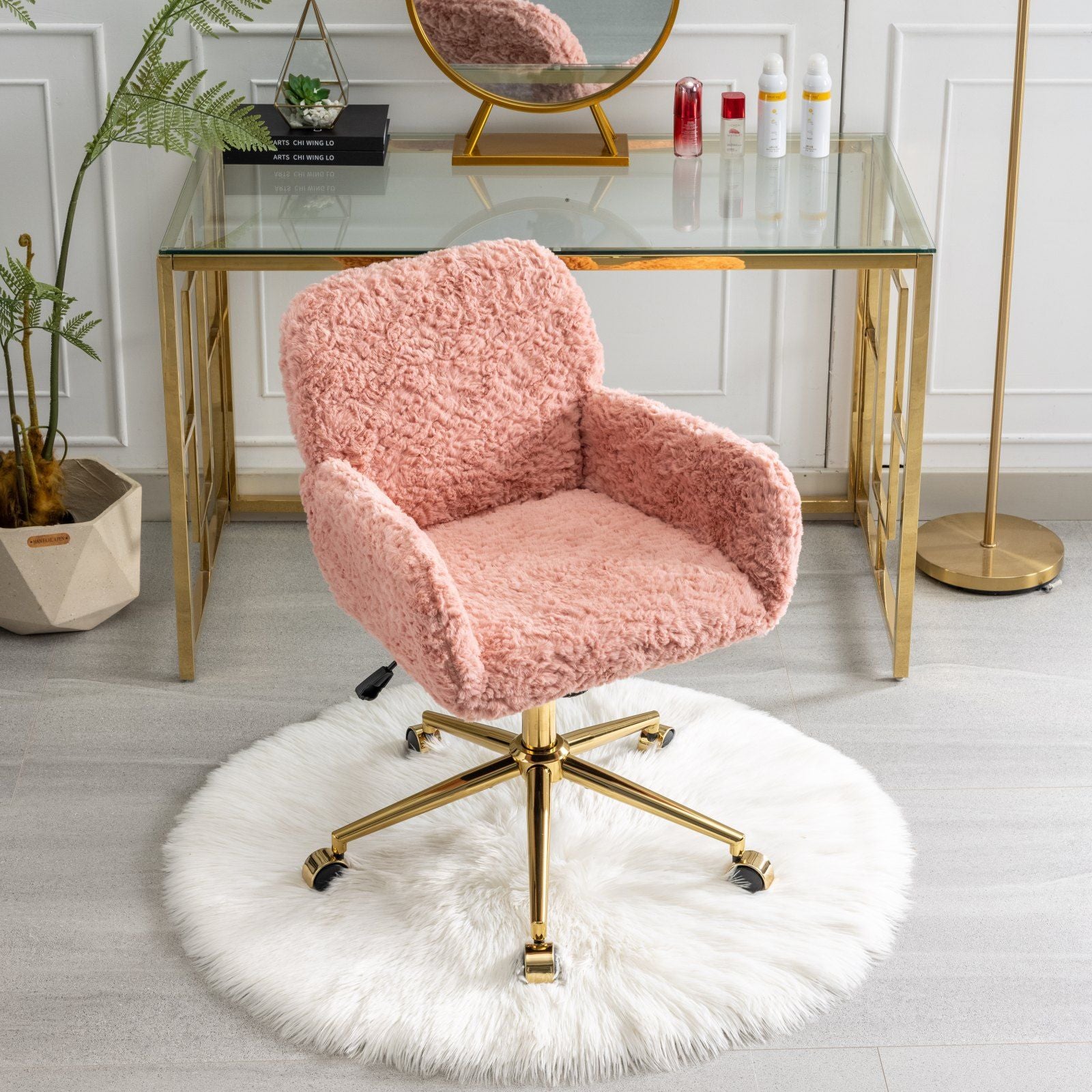 Office Chair, Artificial Rabbit Hair Home Office Chair With Metal Base, Adjustable Desk Chair Swivel Office Chair, Vanity Chair
