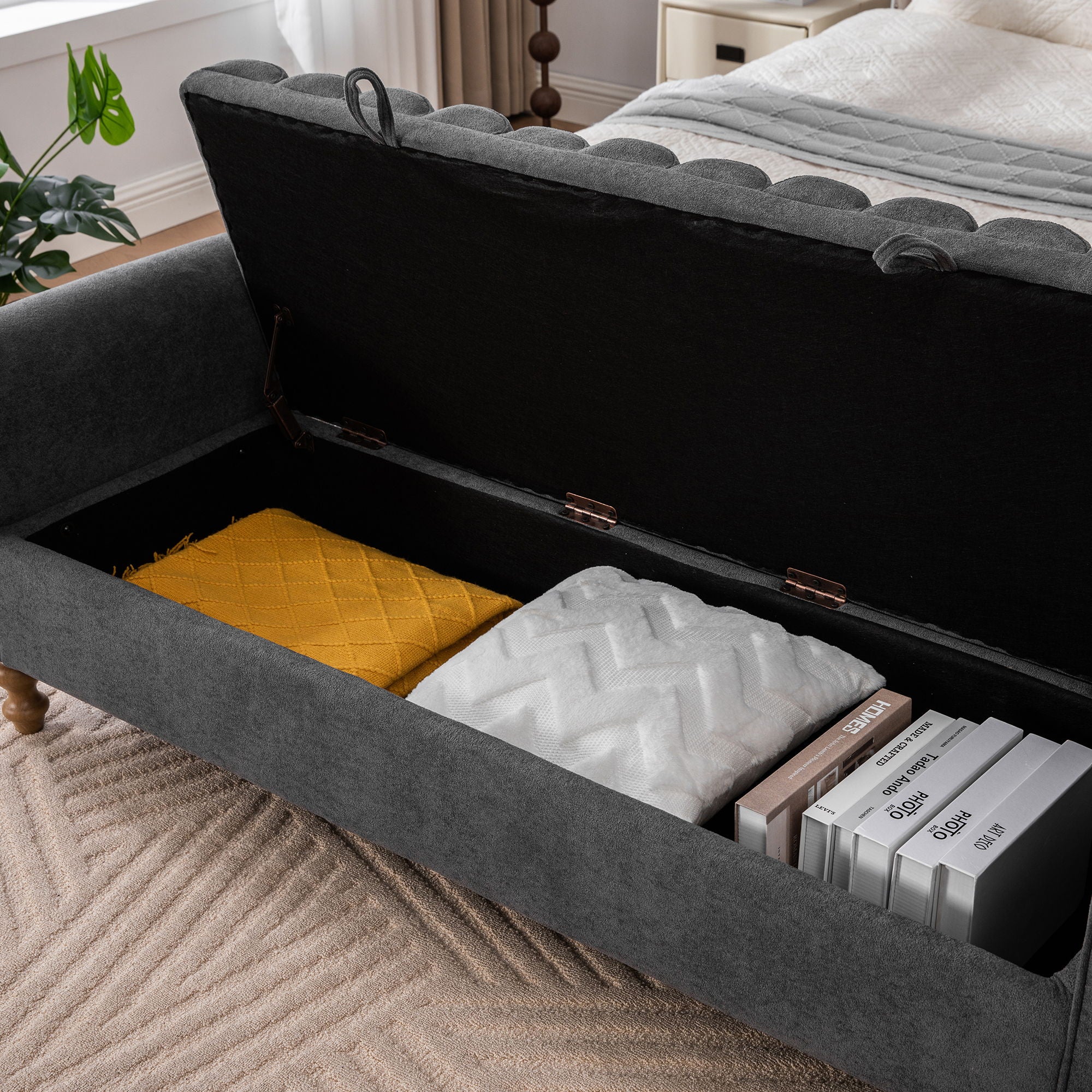 Wide Modern Upholstered Storage Bench With Rolled Armrest