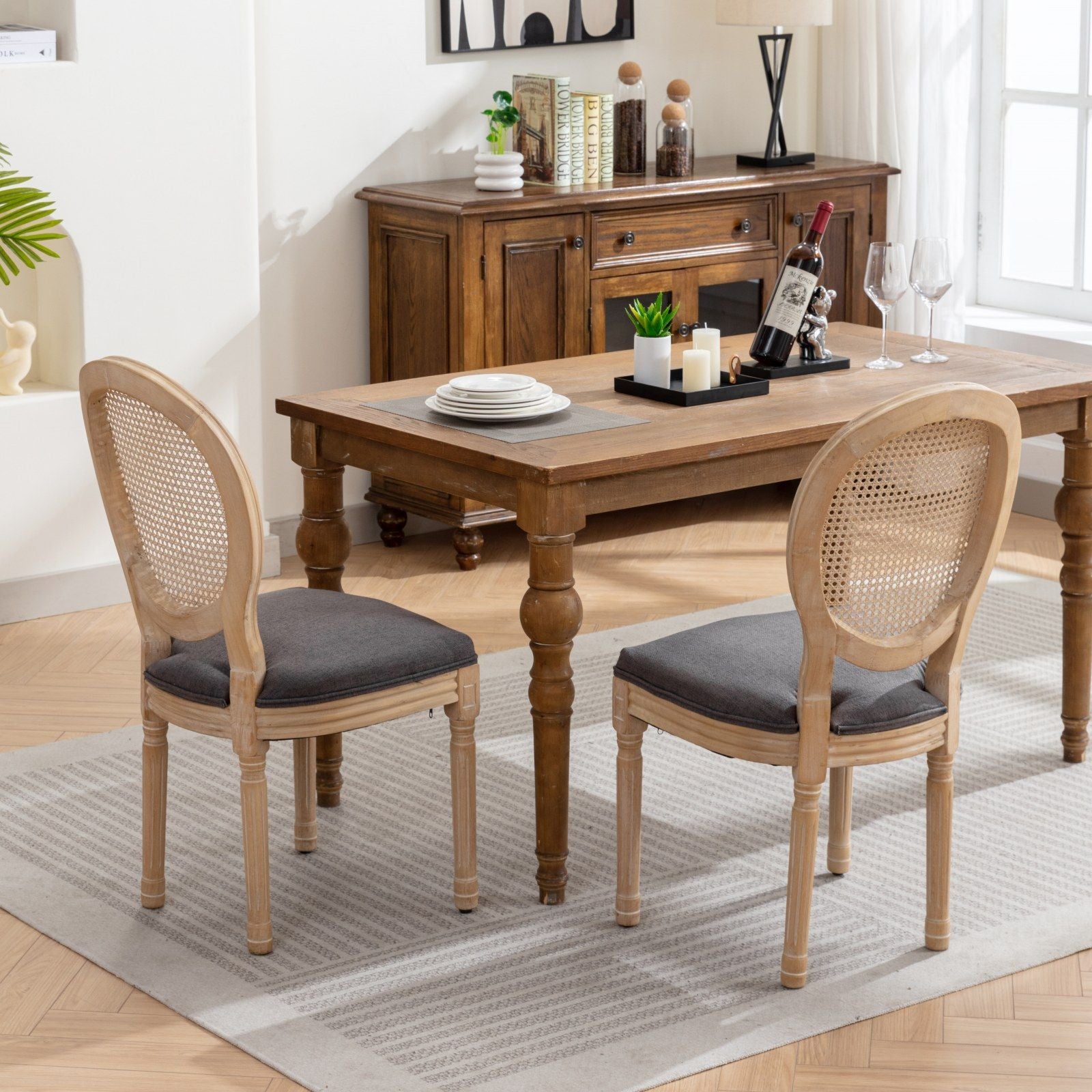 French Style Solid Wood Frame Antique Painting Fabric Rattan Back Dining Chair (Set of 2)