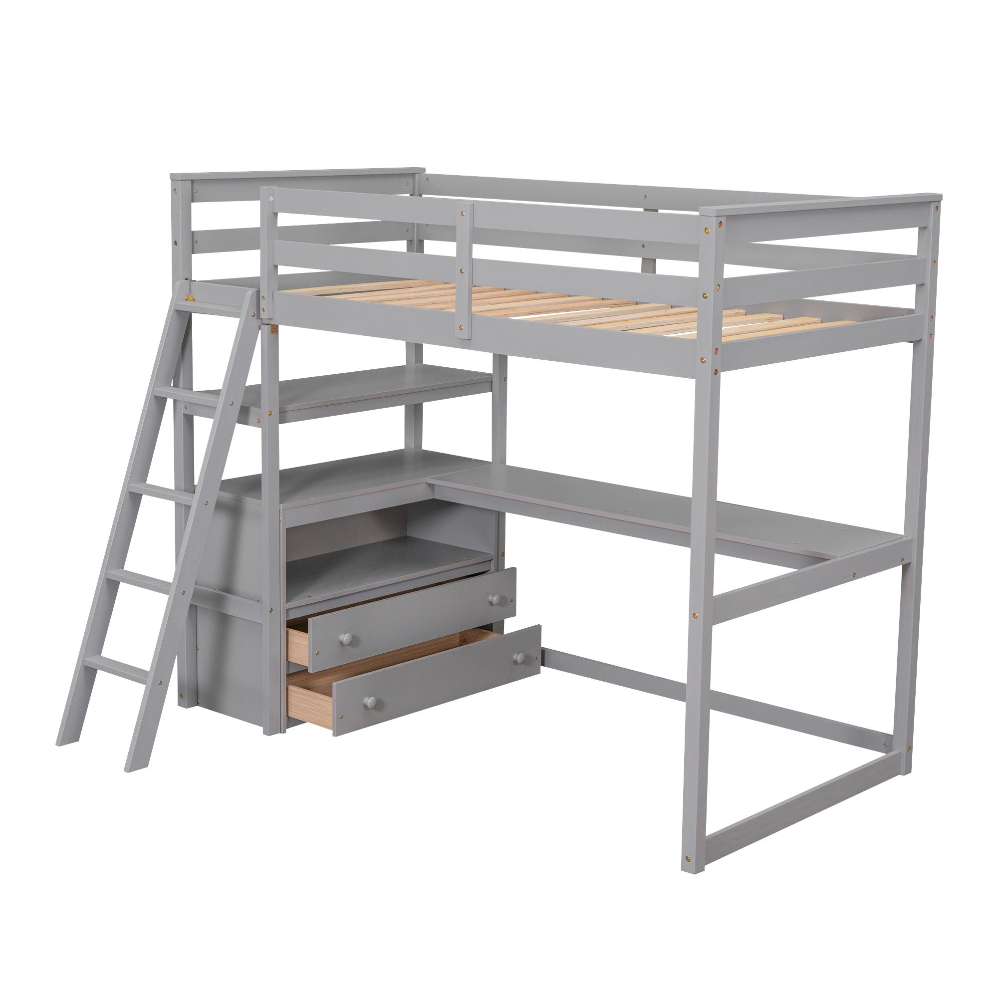 Modern Loft Bed With Built In Desk, Shelves, And 2 Drawers