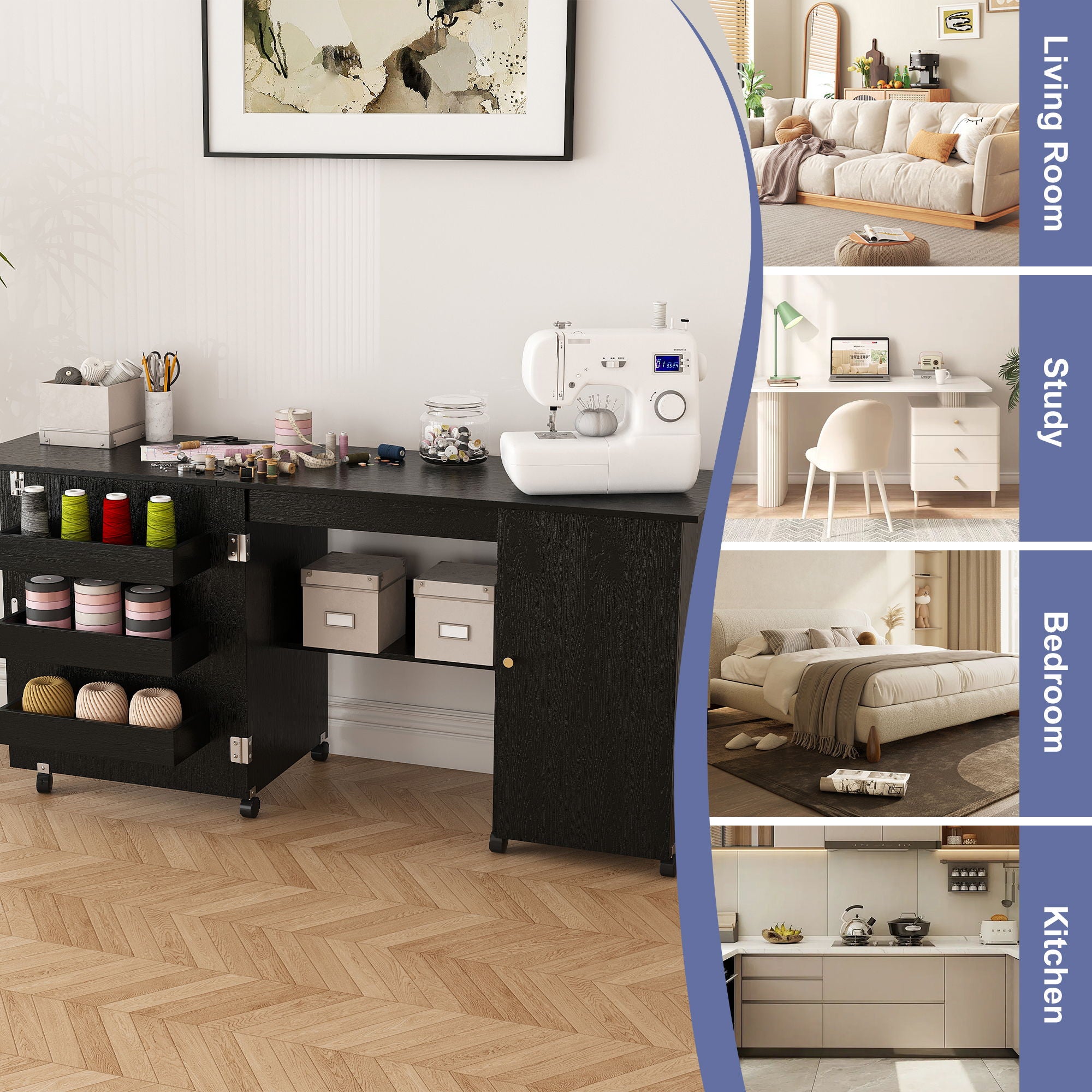 Foldable Sewing Table With Locking Casters