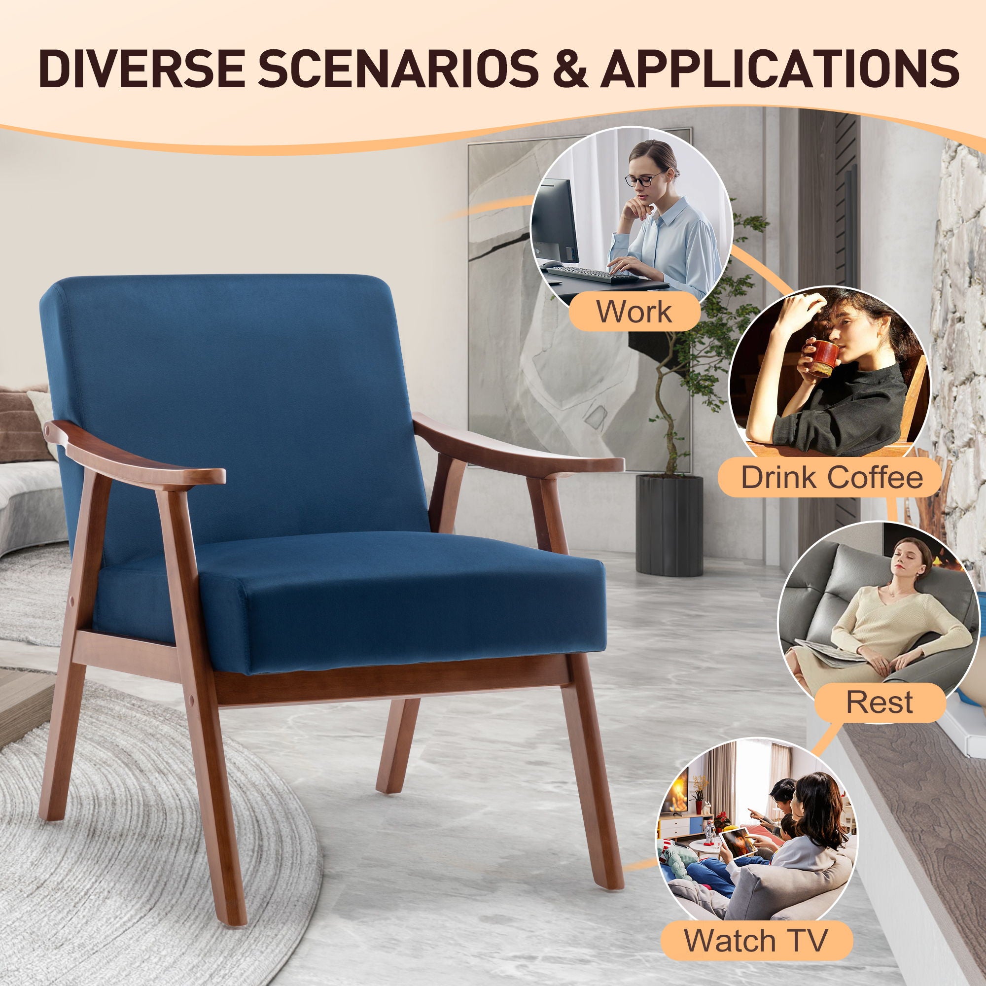 Mid Century Modern Accent Chair With Solid Wood Frame And Extra Thick Backrest