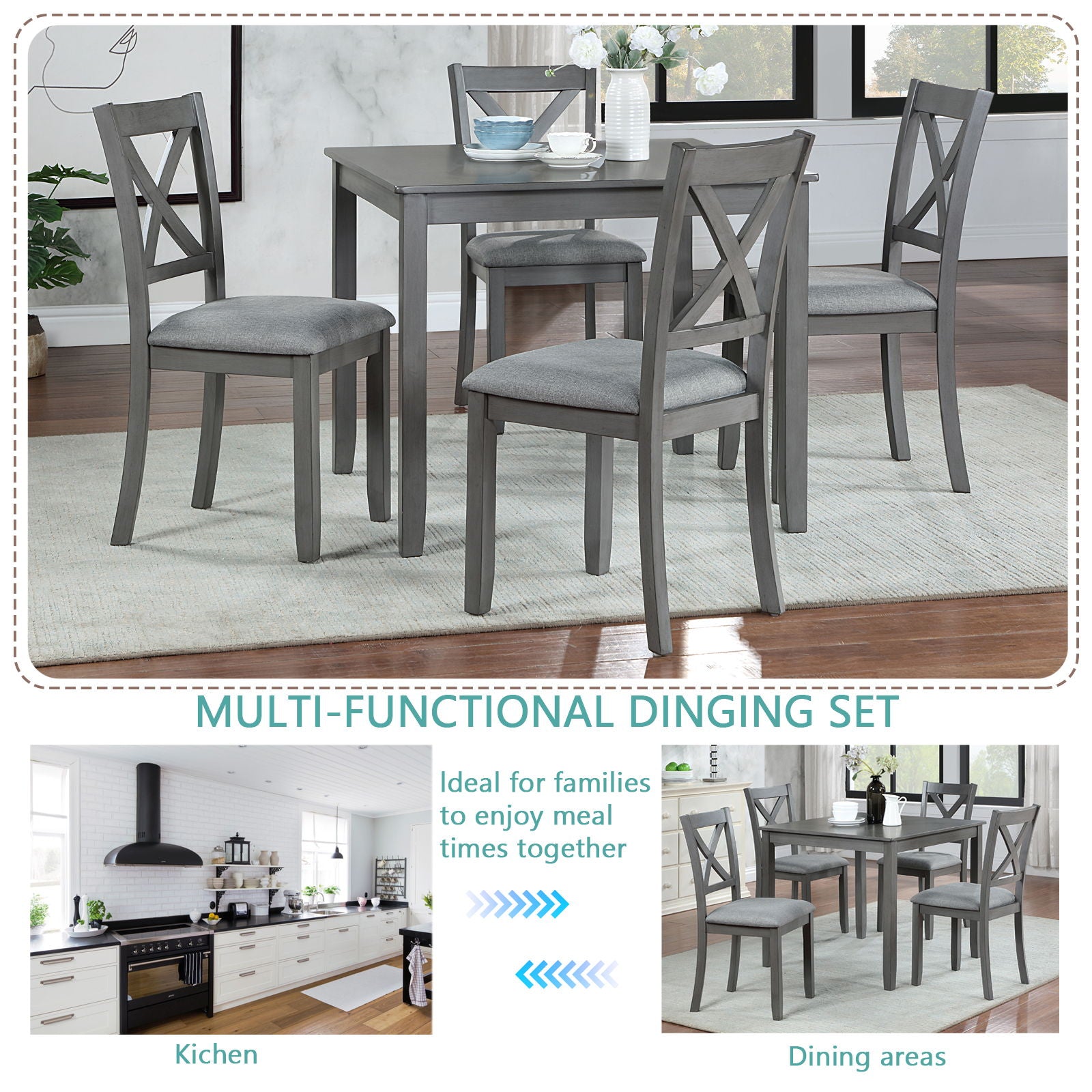 5 Piece Dining Table Set With 4 Chairs For Kitchen - Gray