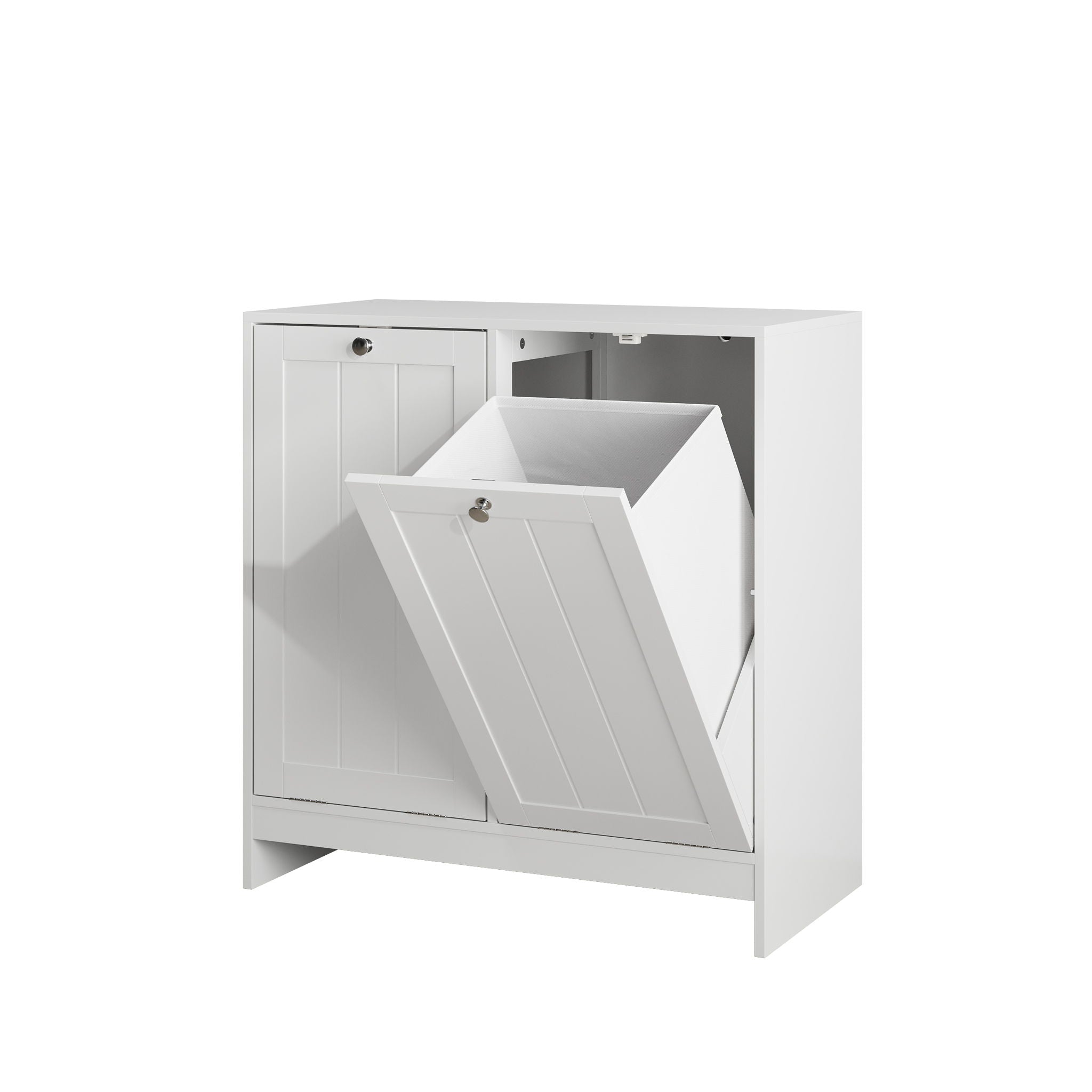 Tilted Laundry Hamper With Removable Basket, Hidden Storage Cabinet, Home Organizer For Bathroom - White