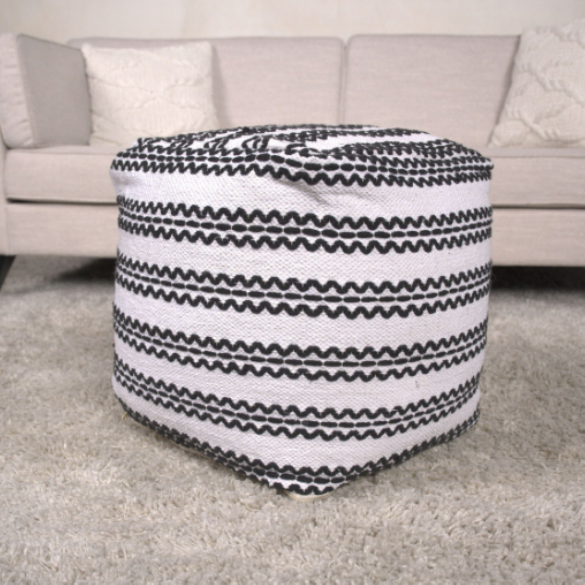 Lani - Handcrafted Fabric Pouf, Durable Cotton Square - Natural / Black