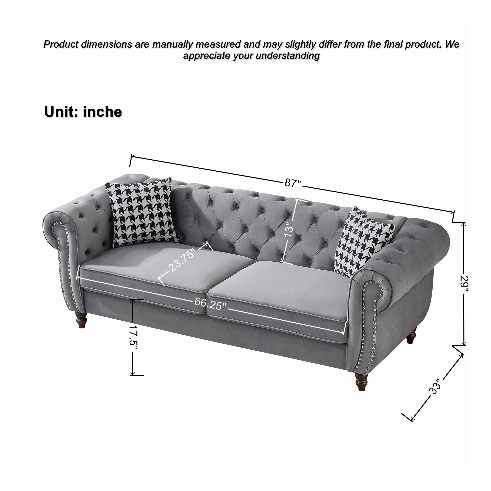 Chesterfield Upholstery Fabric Sofa With Roll Armrest & Nailhead, Mid Century Modern 3 And 3 Seater Couch